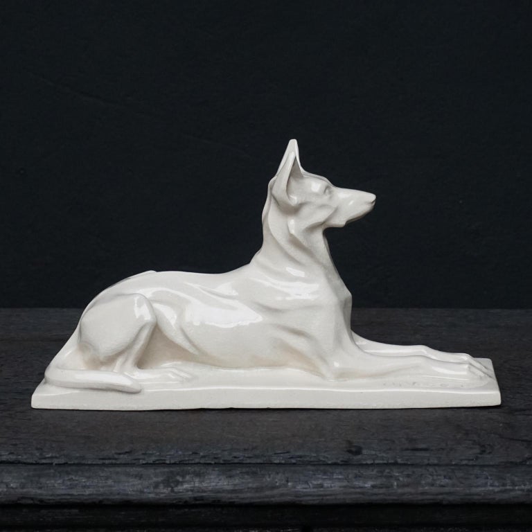 1920s Art Deco French Ceramic Shepherd Dog Statue by Charles Louis Eugène Virion For Sale 2