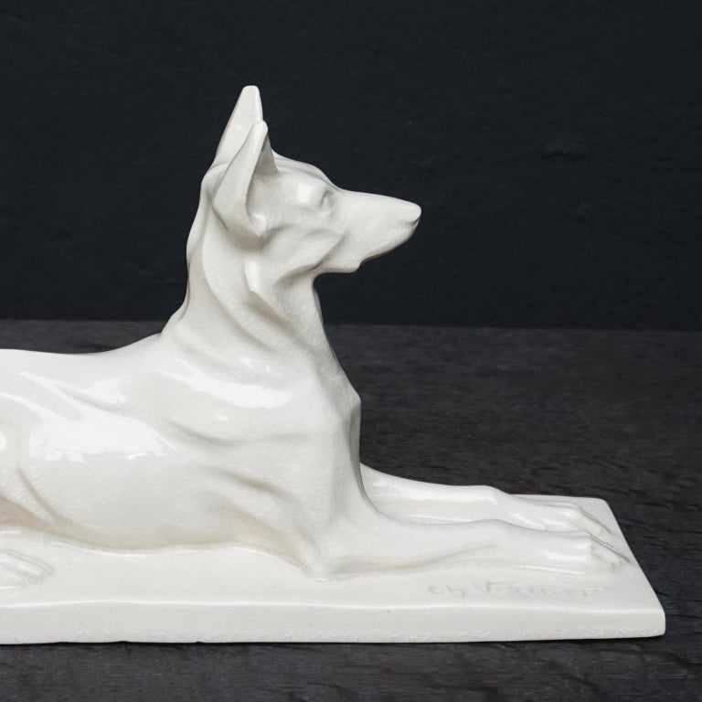 1920s Art Deco French Ceramic Shepherd Dog Statue by Charles Louis Eugène Virion For Sale 3
