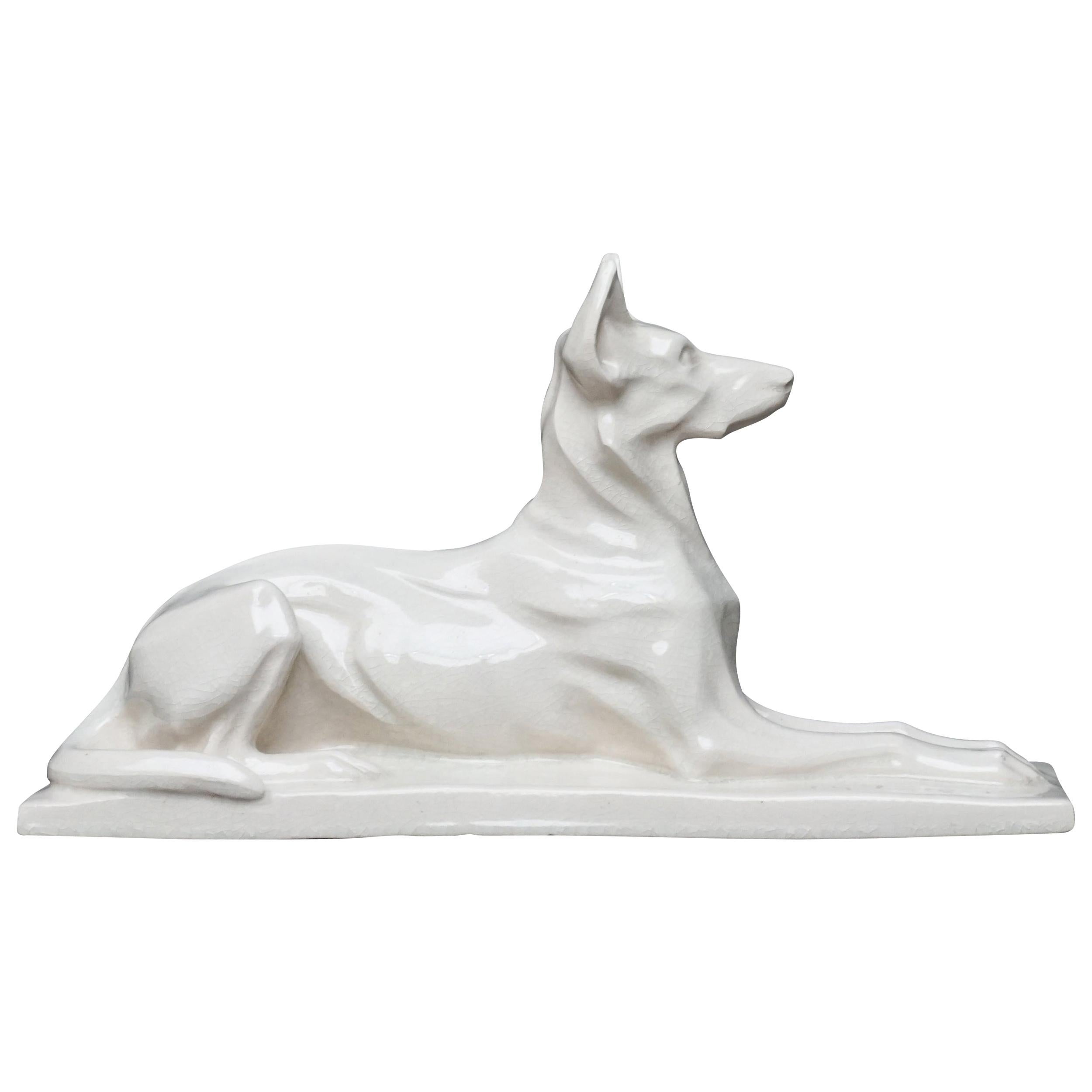 1920s Art Deco French Ceramic Shepherd Dog Statue by Charles Louis Eugène Virion