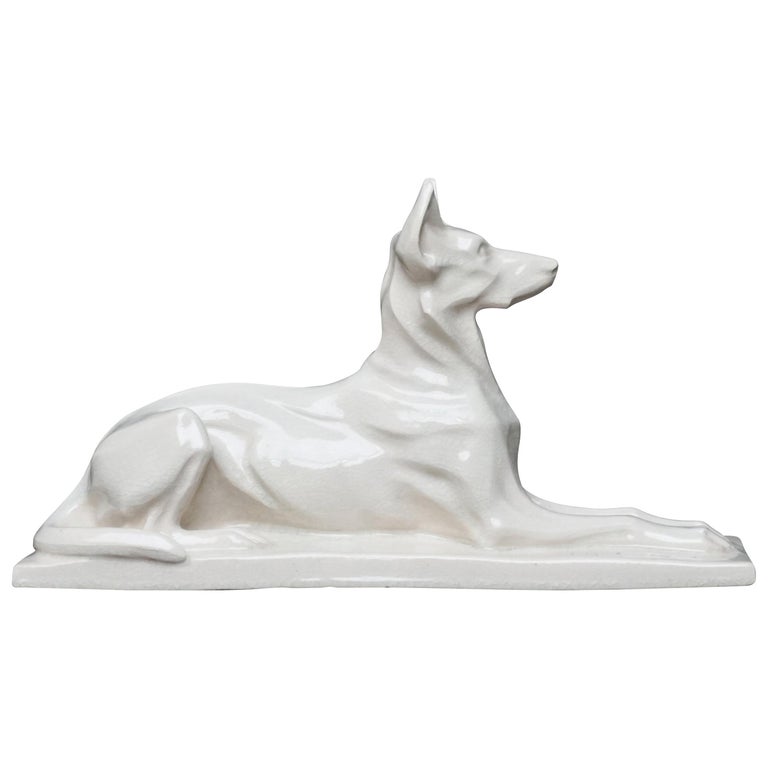 1920s Art Deco French Ceramic Shepherd Dog Statue by Charles Louis Eugène Virion For Sale