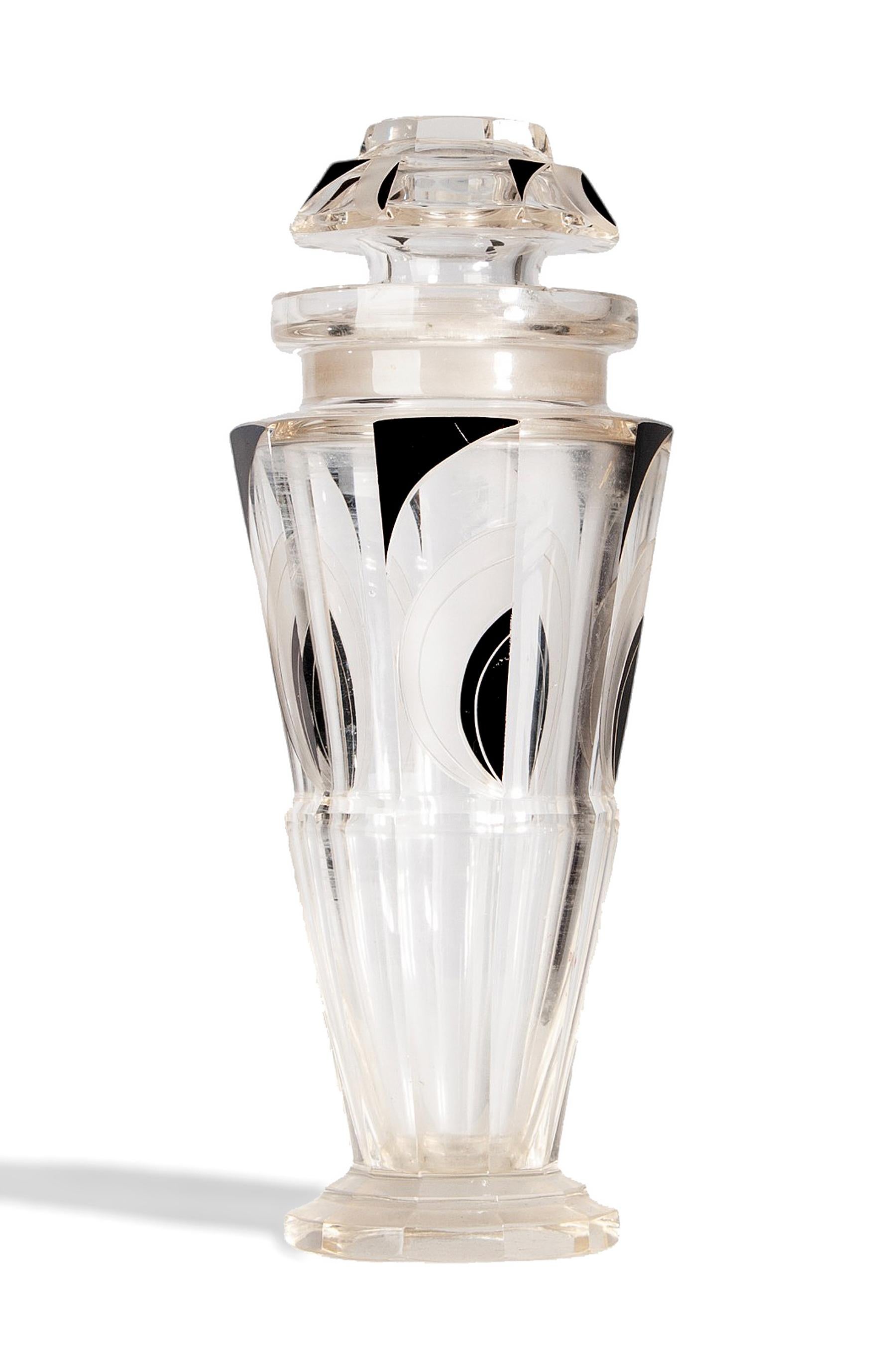 Decantador francés Art Déco de los años 20 de cristal cilíndrico y esmalte negro con tapón Art Decó en venta