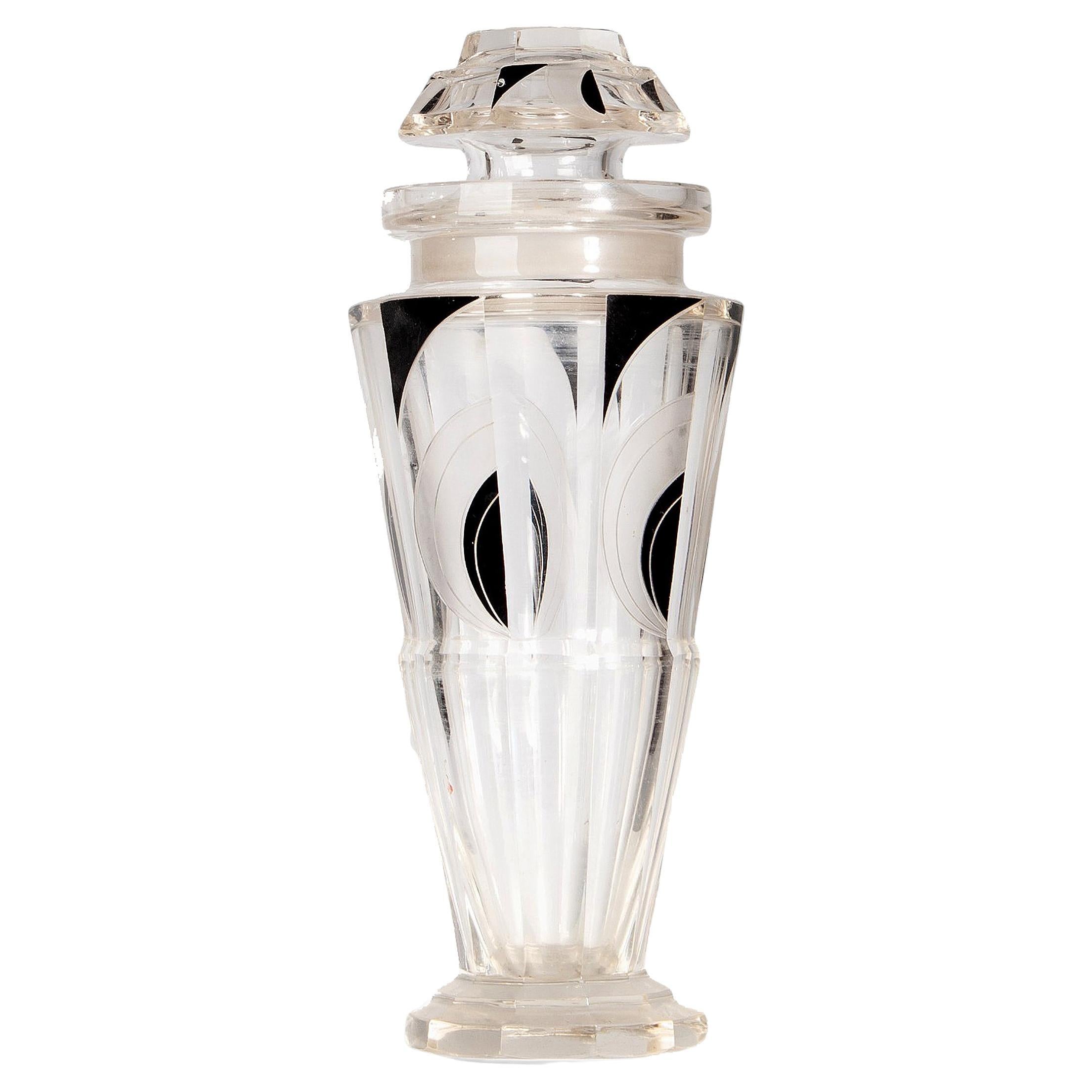 Decantador francés Art Déco de los años 20 de cristal cilíndrico y esmalte negro con tapón en venta