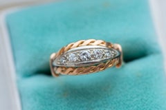 Anello francese a cinque pietre e diamanti in oro massiccio 18 carati degli anni '20, taglia 6 US