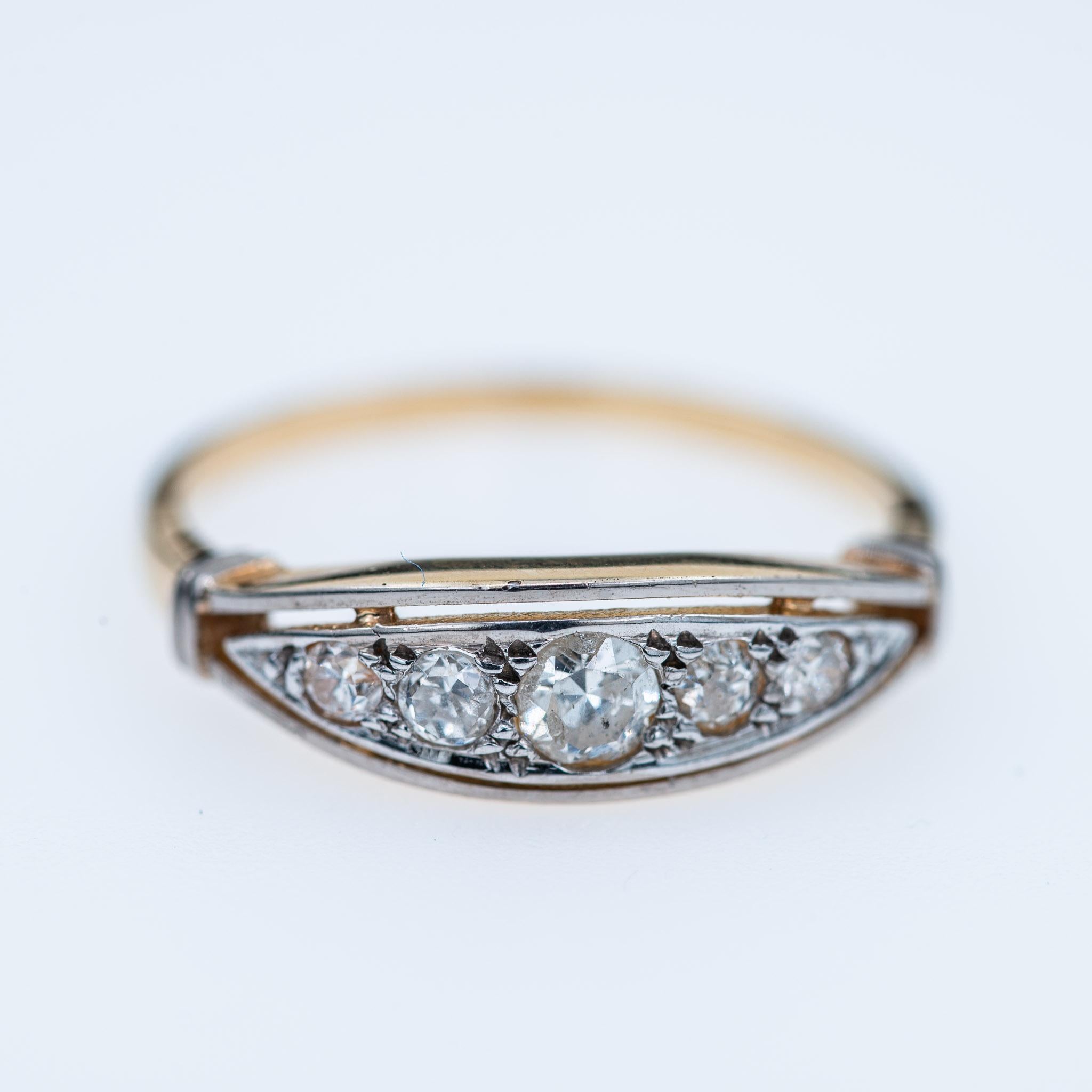 1920's Art Deco French Five Stone Diamond Ring 18K Solid Gold Size 7 US