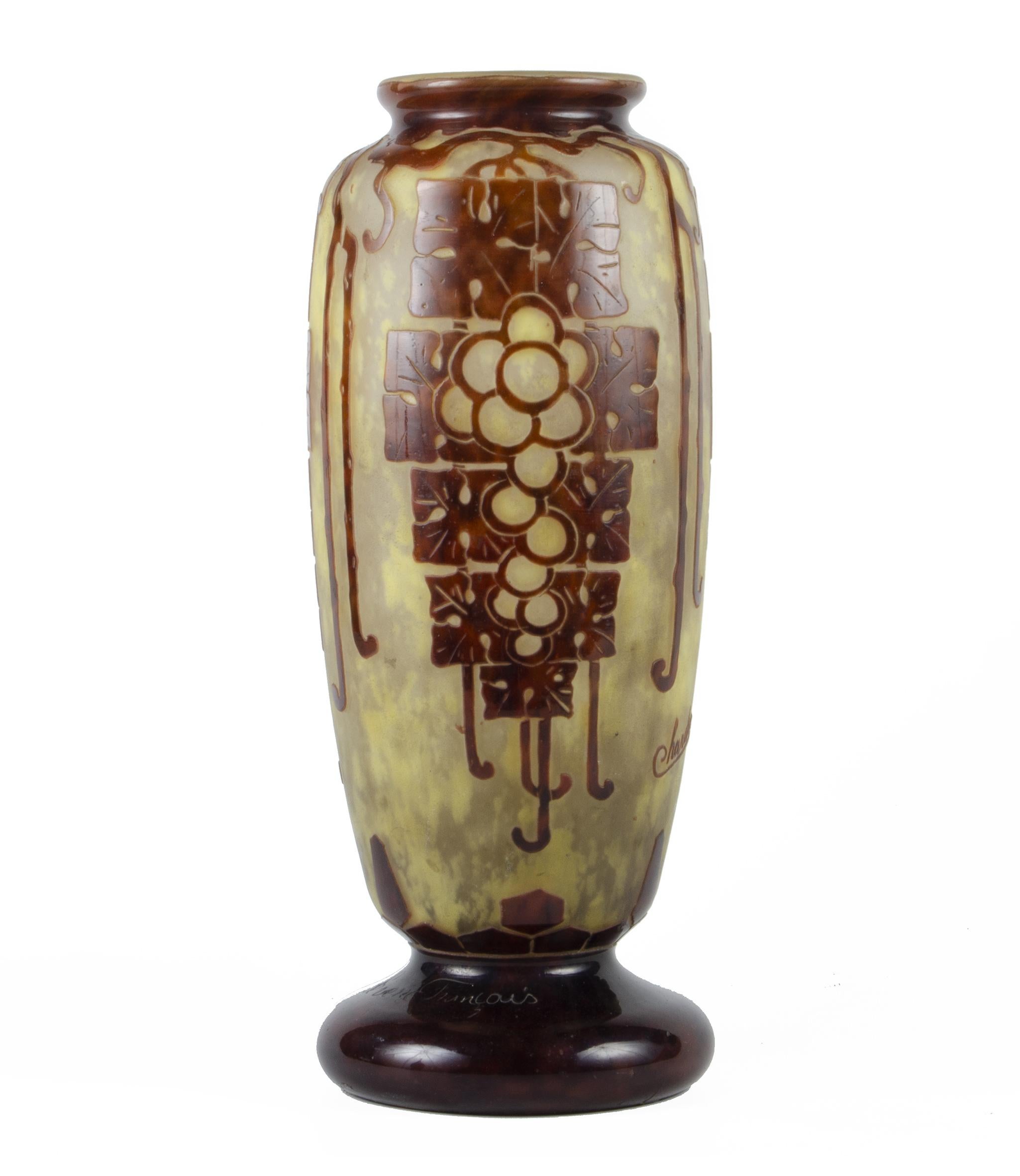 1920s Art Déco French Le Verre Français hand-painted frosted glass vase designed by Charder

By: Chander, Le Verre Français, Schneider
Material: glass, art glass, paint
Technique: cast, pressed, painted, hand-painted, hand-crafted, glazed,