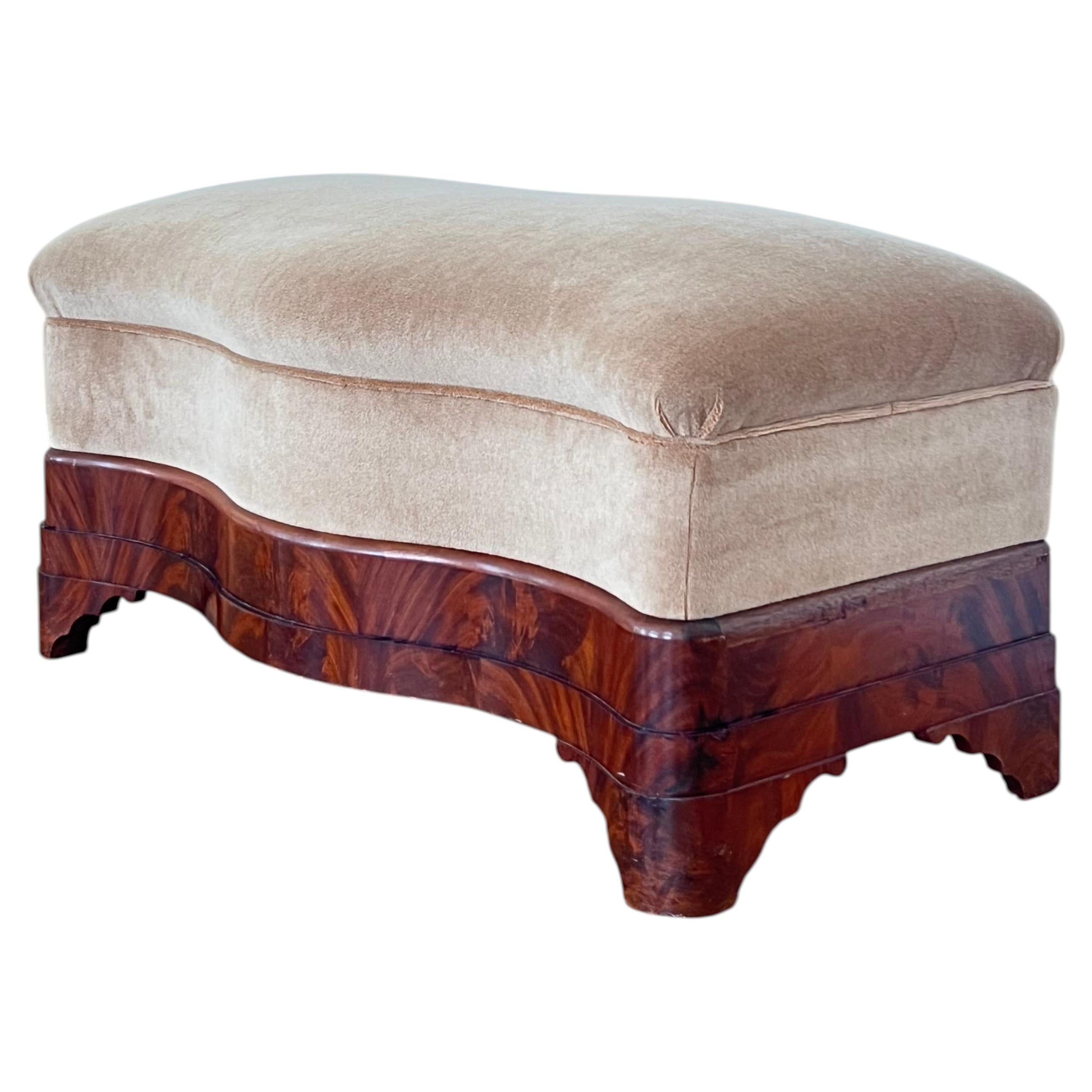 1920’s Art Deco French Walnut and Mohair Serpentine Bench