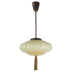1920s Art Deco German Bauhaus Pendant, Patinated Brass and Opaline Lampshade