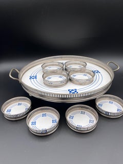 1920's Art Deco German Weimar Blue & White Porcelain Gallery Tray & Coaster Set