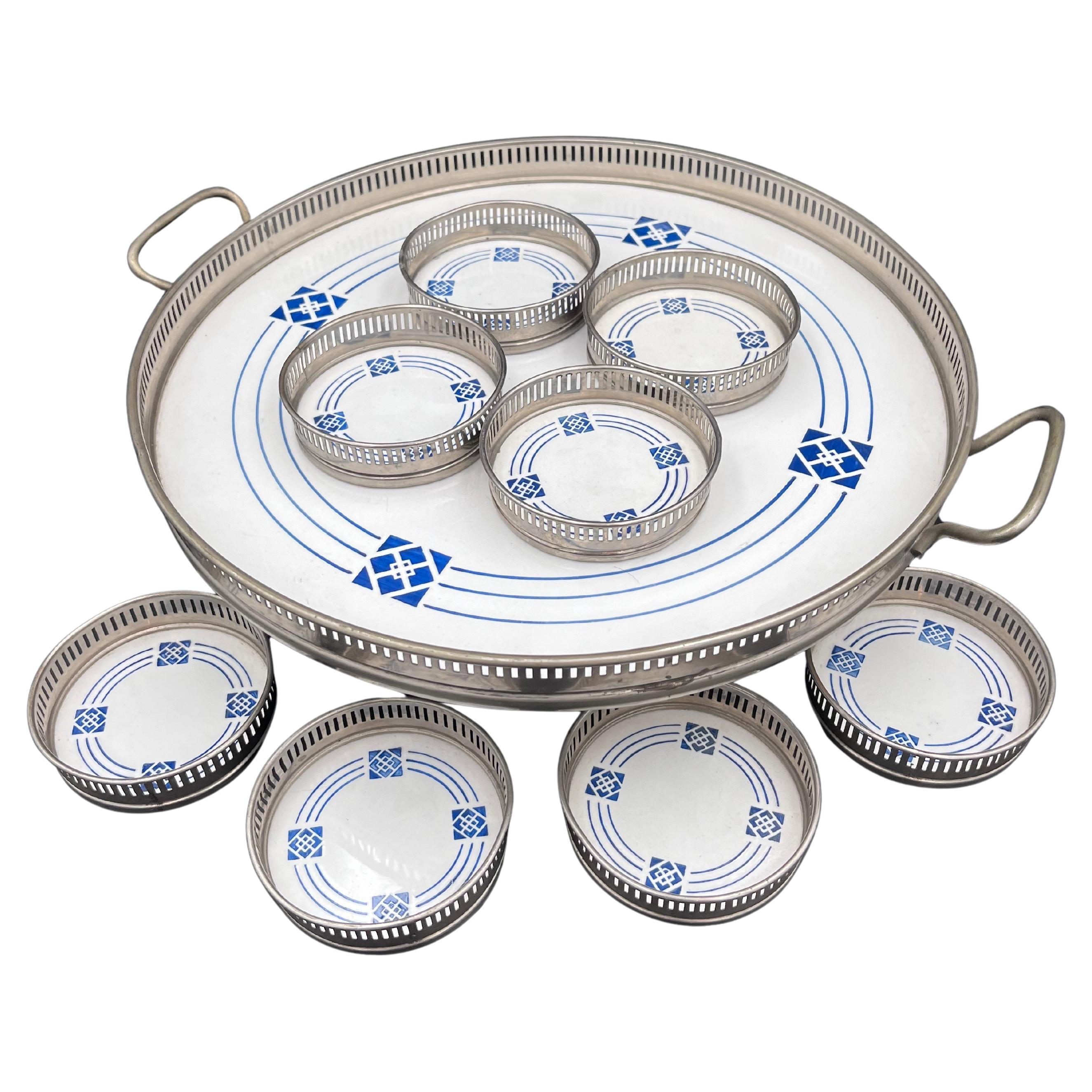1920's Art Deco German Weimar Blue & White Porcelain Gallery Tray & Coaster Set