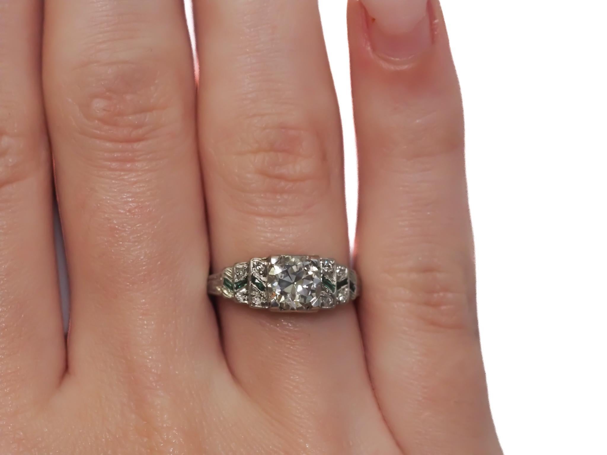 1920s Art Deco GIA 1.04ct Old European Diamond and Emerald Engagement Ring - For Sale 5
