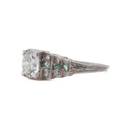1920s Art Deco GIA 1.04ct Old European Diamond and Emerald Engagement Ring -