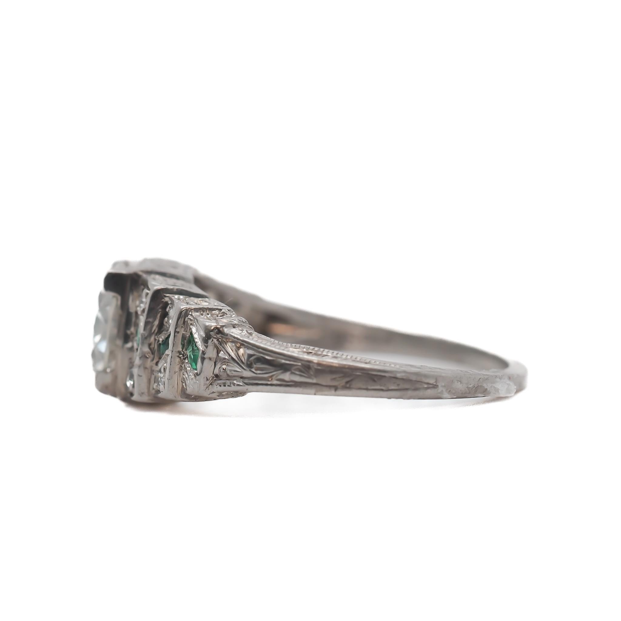 Old European Cut 1920s Art Deco GIA 1.04ct Old European Diamond and Emerald Engagement Ring - For Sale