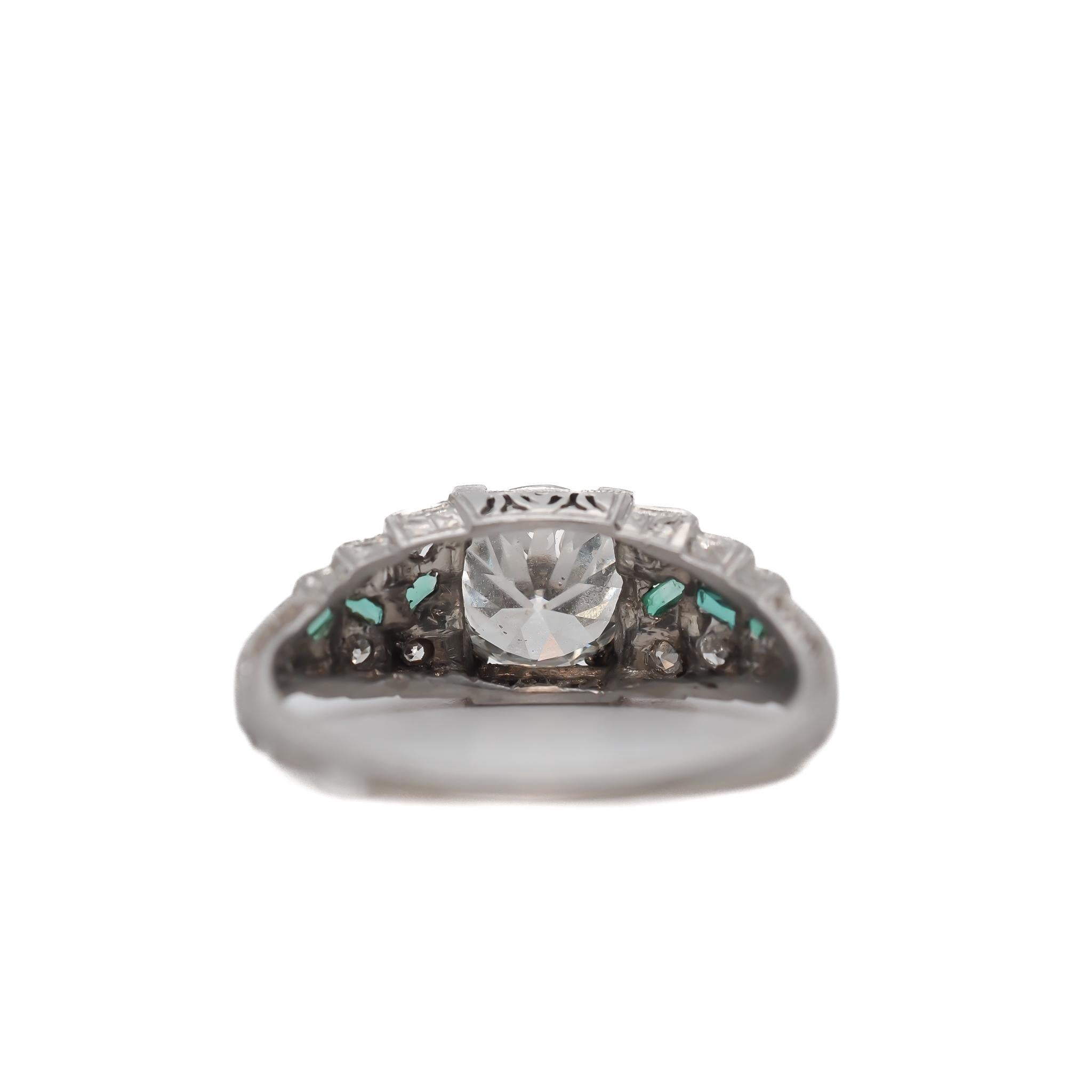 1920s Art Deco GIA 1.04ct Old European Diamond and Emerald Engagement Ring - In Good Condition For Sale In Hicksville, NY