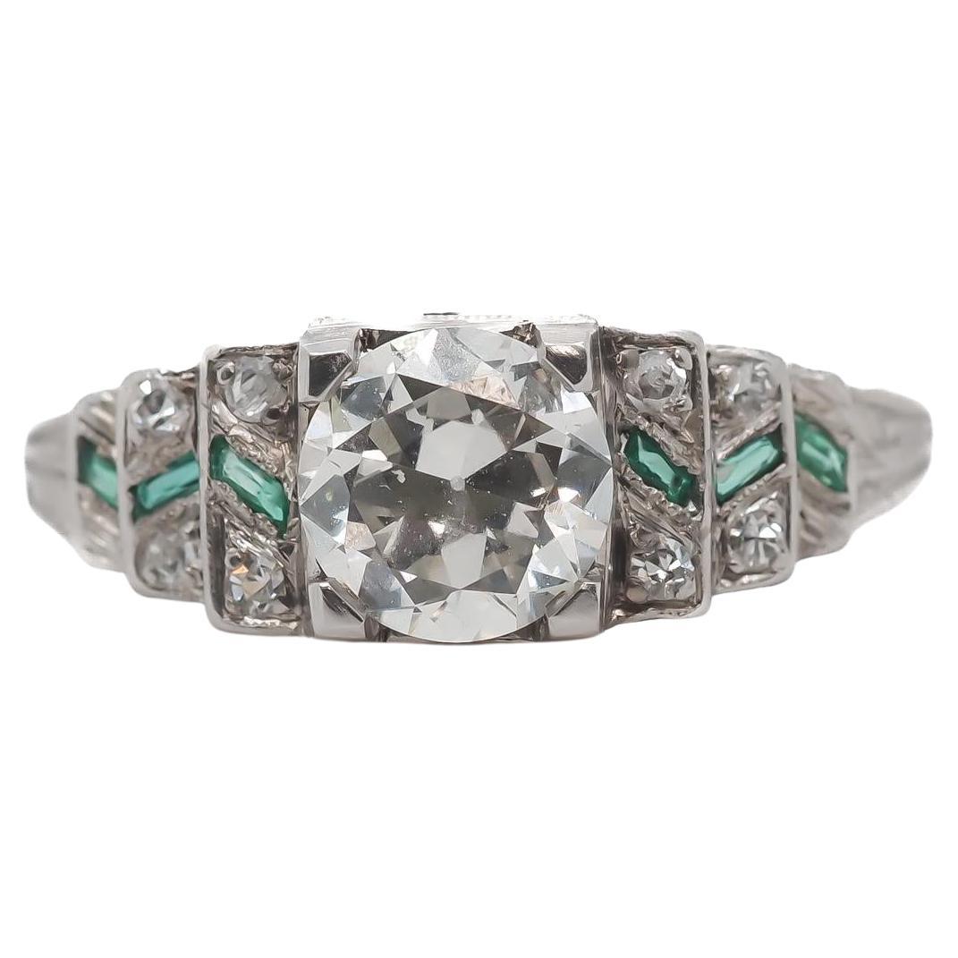 1920s Art Deco GIA 1.04ct Old European Diamond and Emerald Engagement Ring - For Sale
