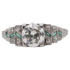 Anillo de compromiso Art Déco de los años 20 con diamante y esmeralda de la Vieja Europa GIA 1,04 ct -