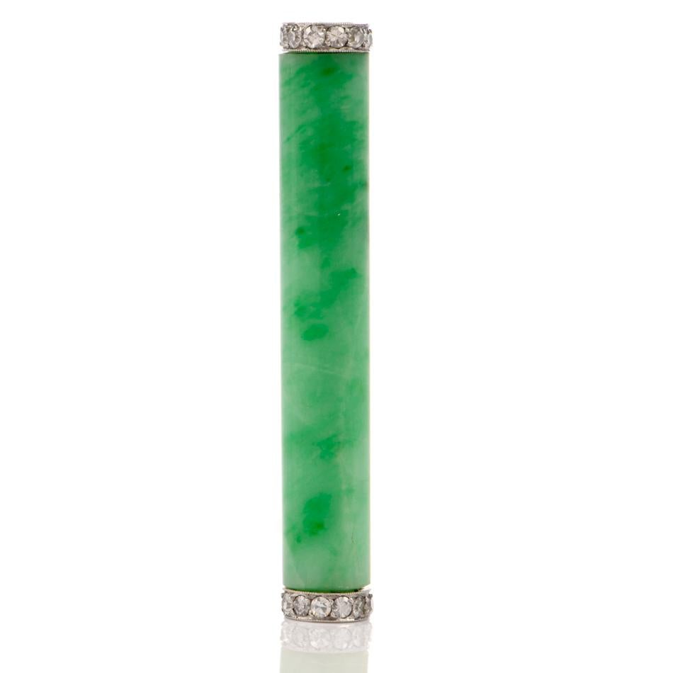 Women's or Men's 1920s Art Deco GIA Natural Jade Diamond Platinum Bar Pin Brooch