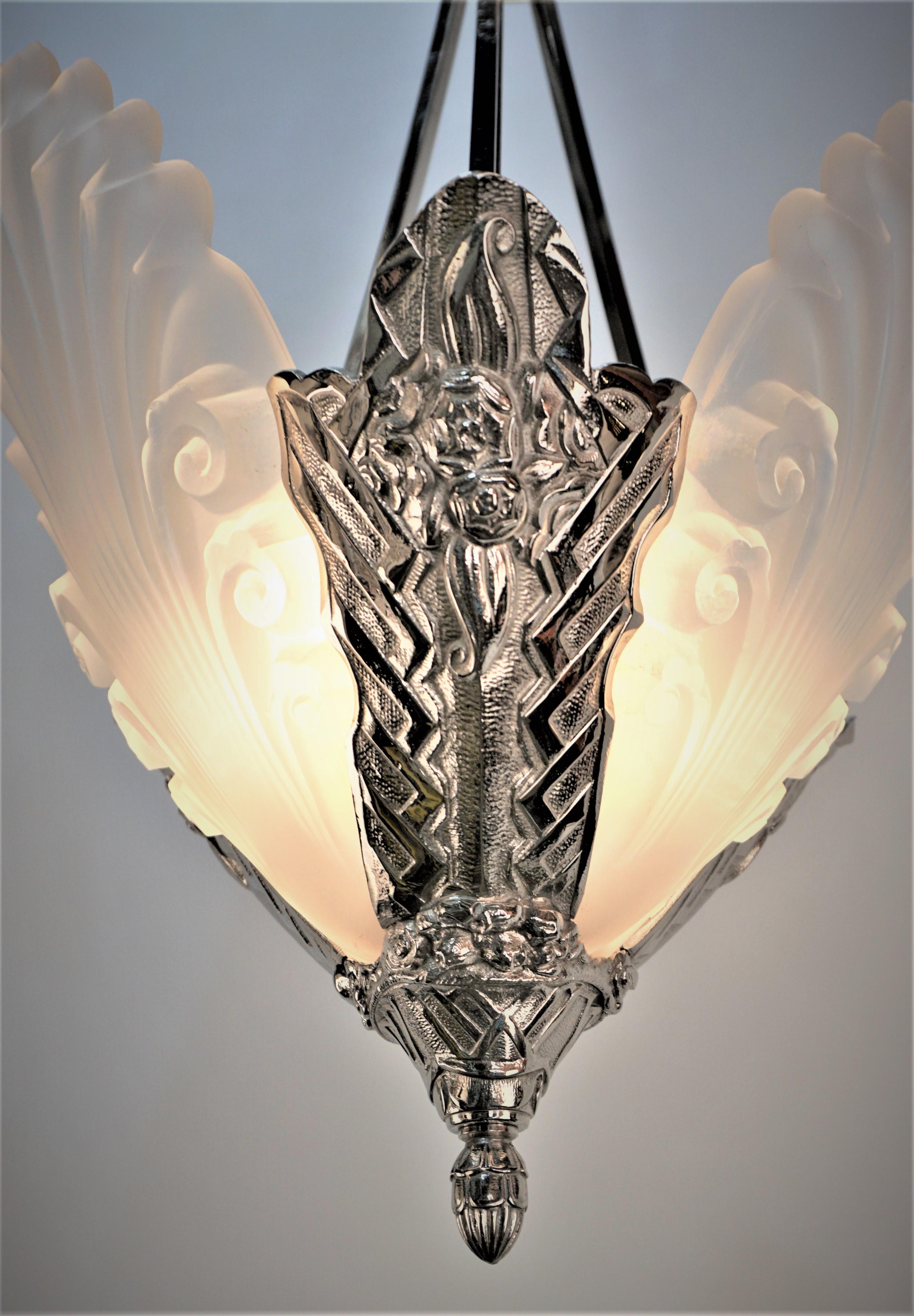 French 1920s Art Deco Glass and Nickel on Bronze Chandelier