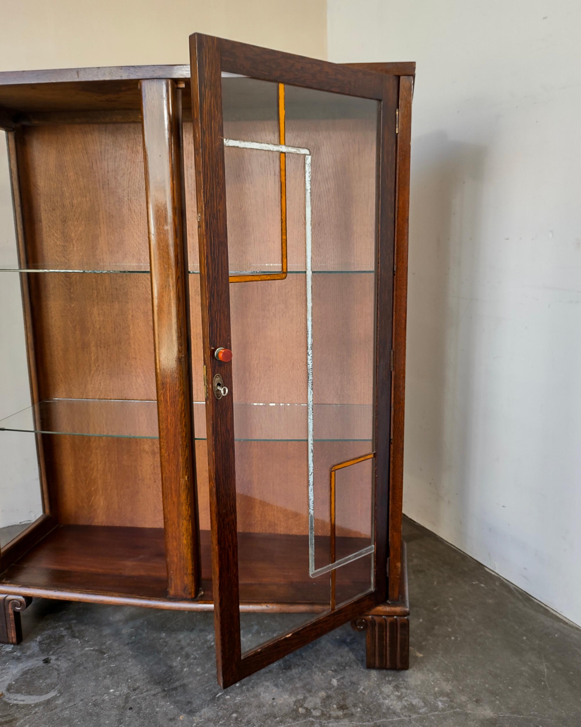 Early 20th Century 1920s Art Deco Glass Display Cabinet Curio with Decorative Mirror Details