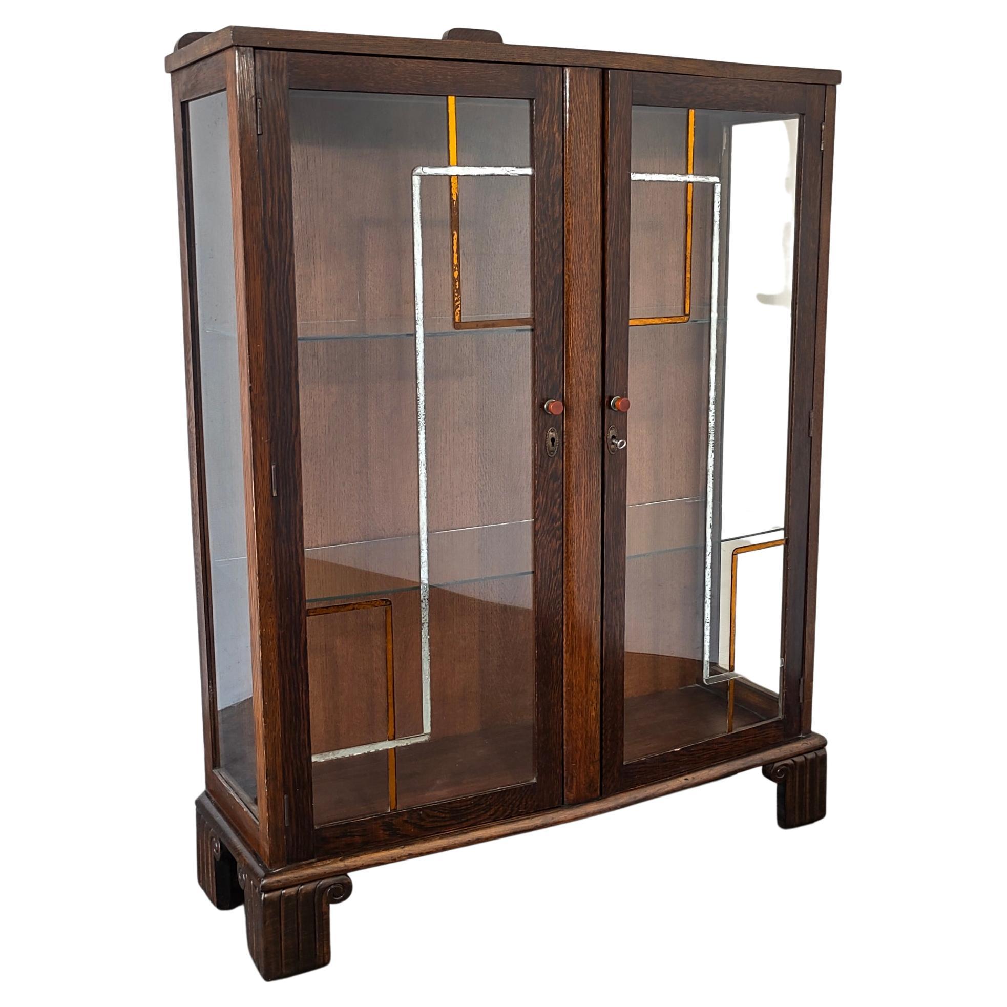 1920s Art Deco Glass Display Cabinet Curio with Decorative Mirror Details