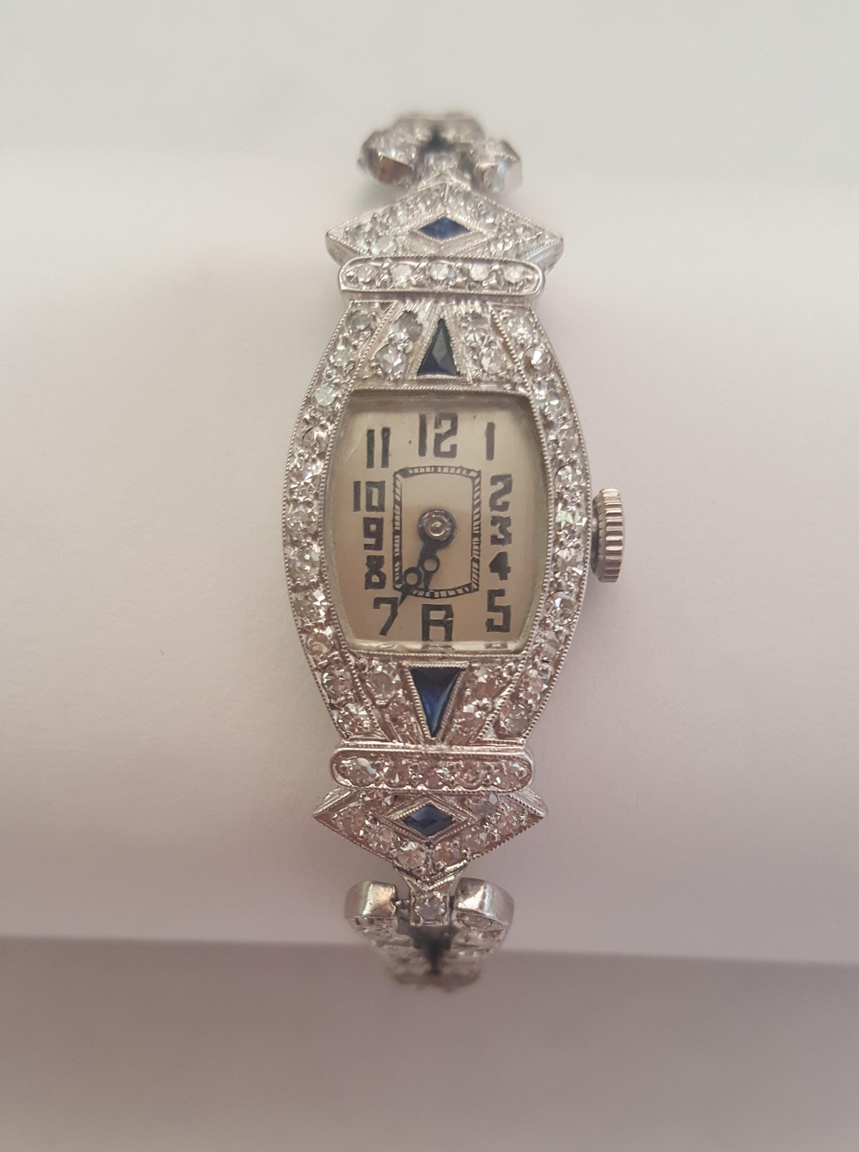 1920's Art Deco Glycine Platinum Ladies Watch, Diamonds 3.56cttw, Sapphires 4