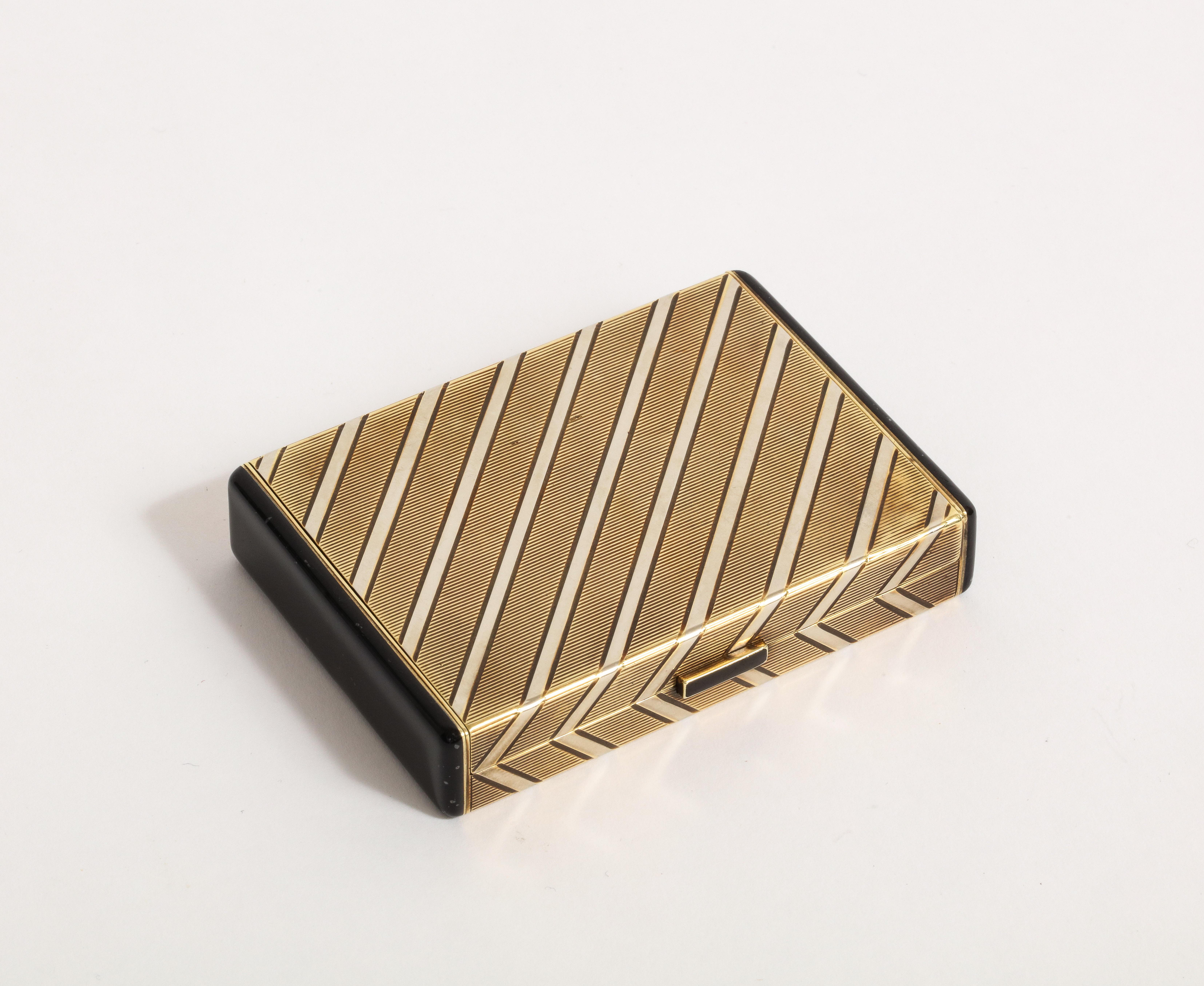 1920s Art Deco gold & enamel vanity case by Cartier 

14k Gold. signed Cartier

Weight: 112.7 grams

Dimensions: Width 3 in, Height 0.44 in approximately.

