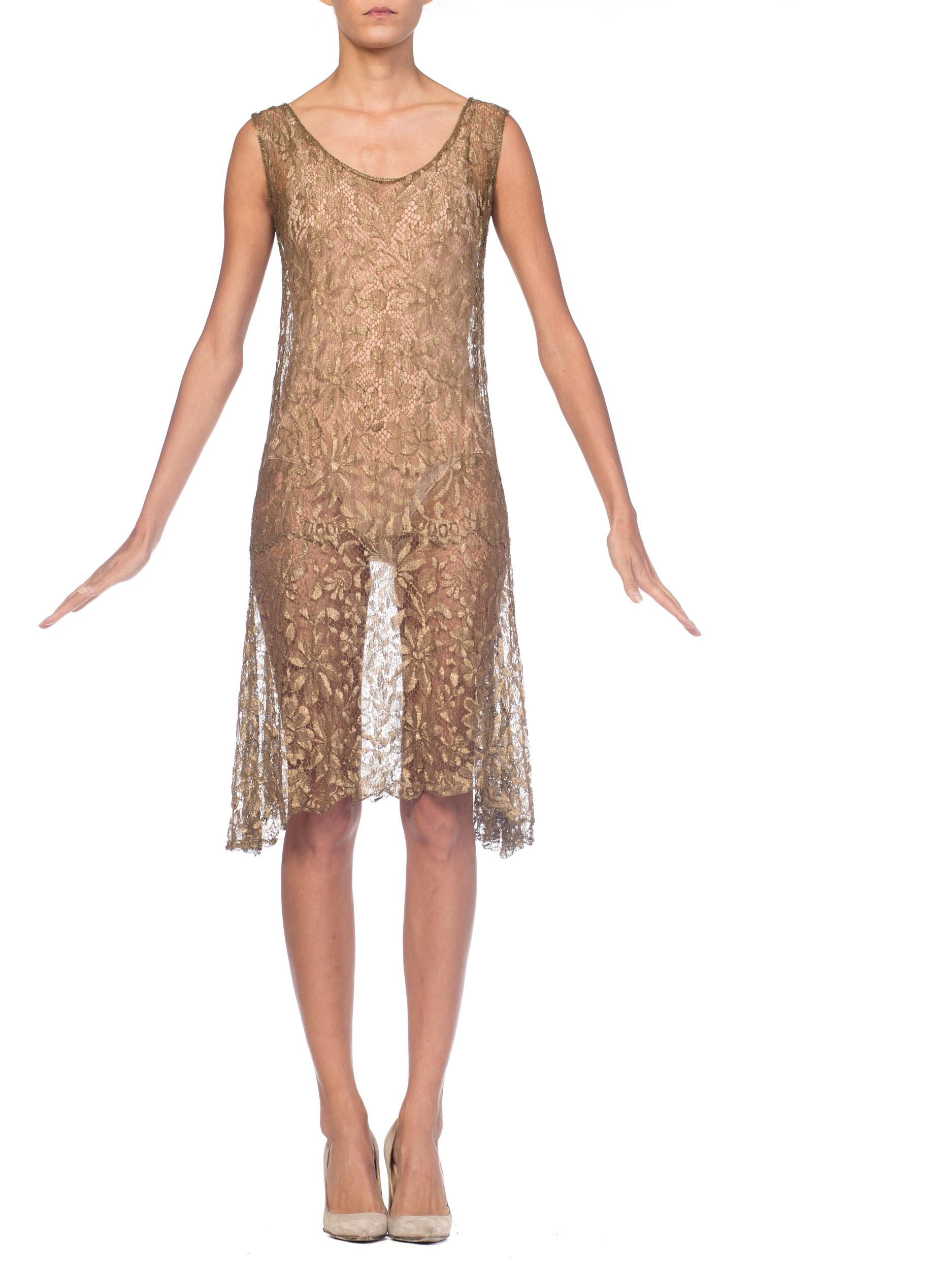 1920s Art Deco Gold Metal Lamé Lace Dress 7