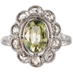 Antique 1920s Art Deco Green Sapphire Diamonds Platinum Daisy Ring