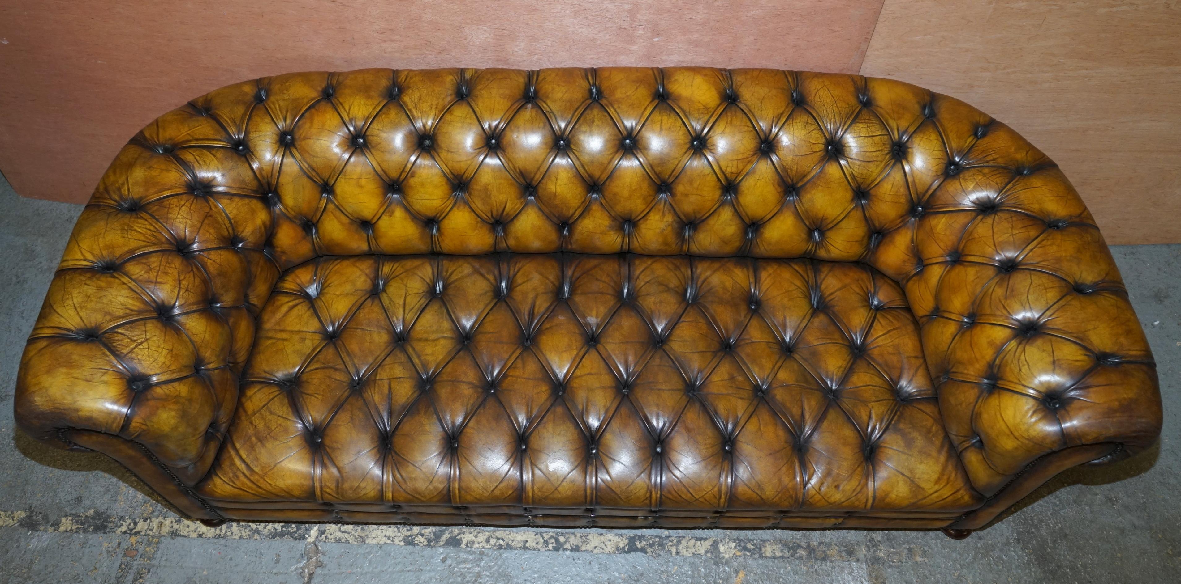 1920's Art Deco Hand Dyed Restored Whisky Brown Leather Chesterfield Tufted Sofa 3
