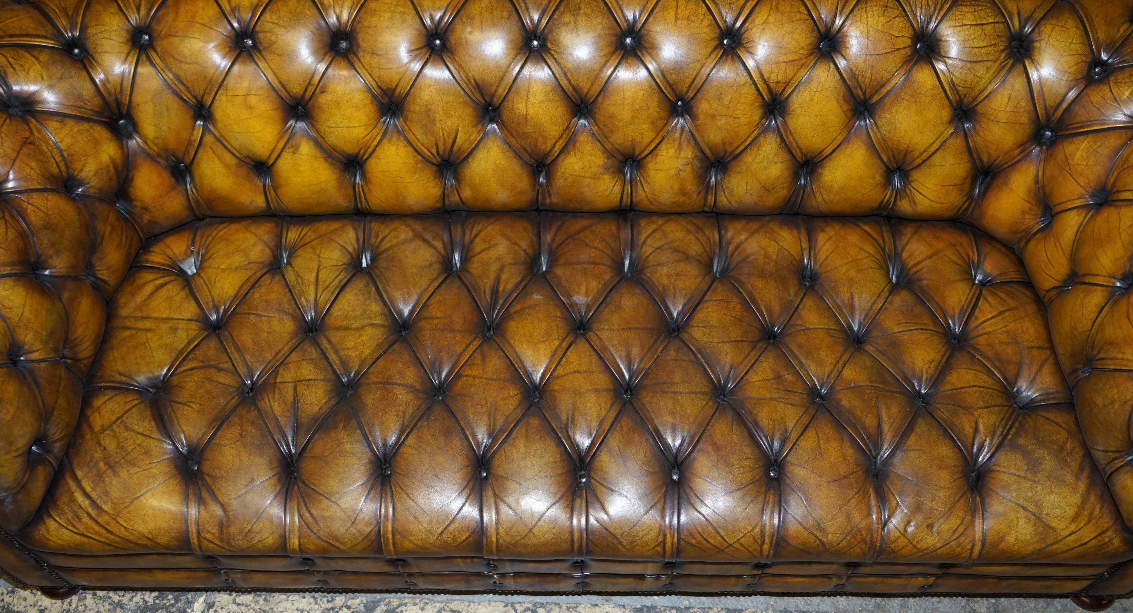 1920's Art Deco Hand Dyed Restored Whisky Brown Leather Chesterfield Tufted Sofa 4