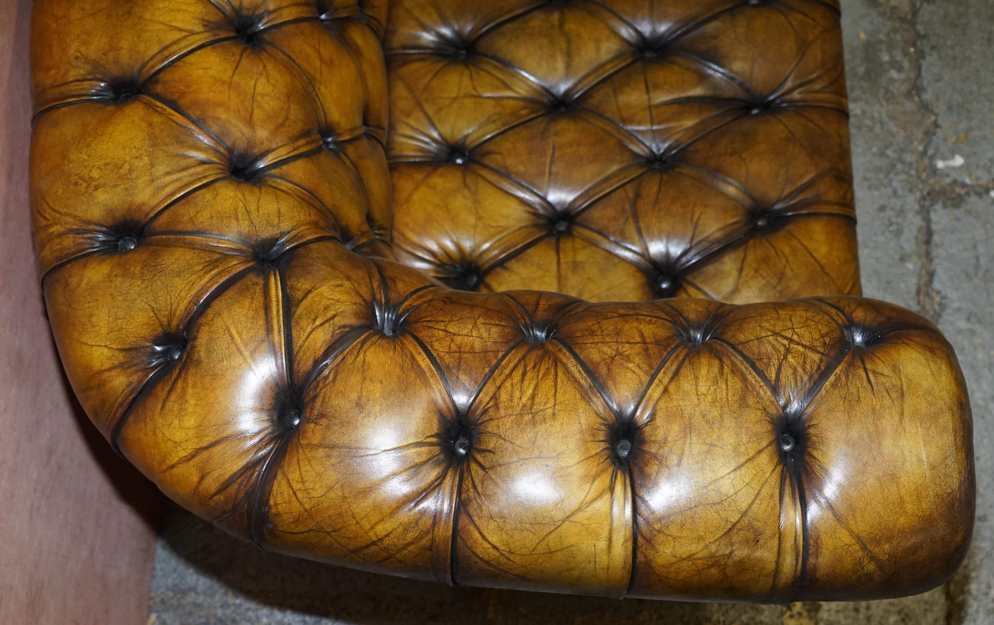 1920's Art Deco Hand Dyed Restored Whisky Brown Leather Chesterfield Tufted Sofa 6