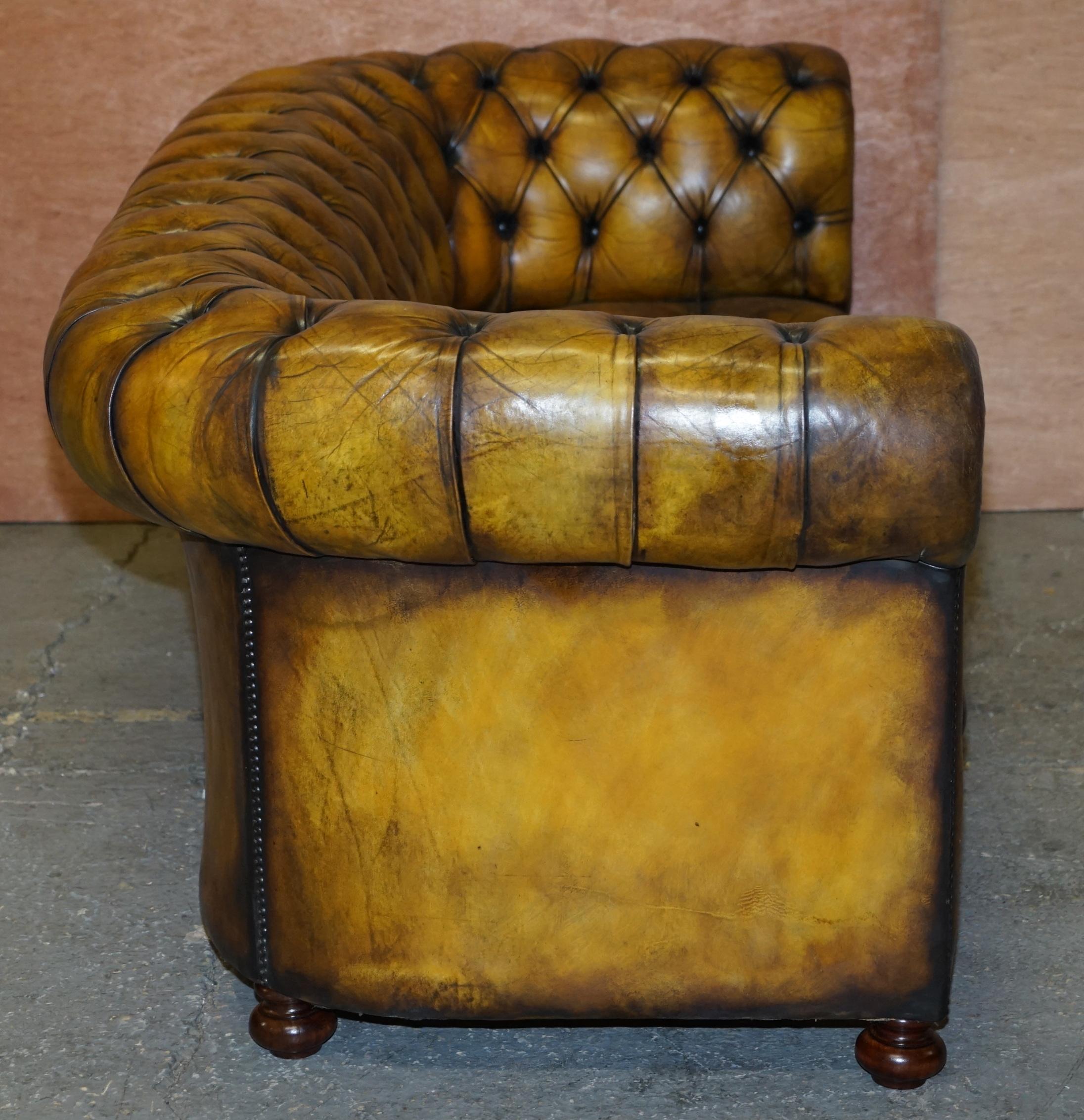 1920's Art Deco Hand Dyed Restored Whisky Brown Leather Chesterfield Tufted Sofa 7