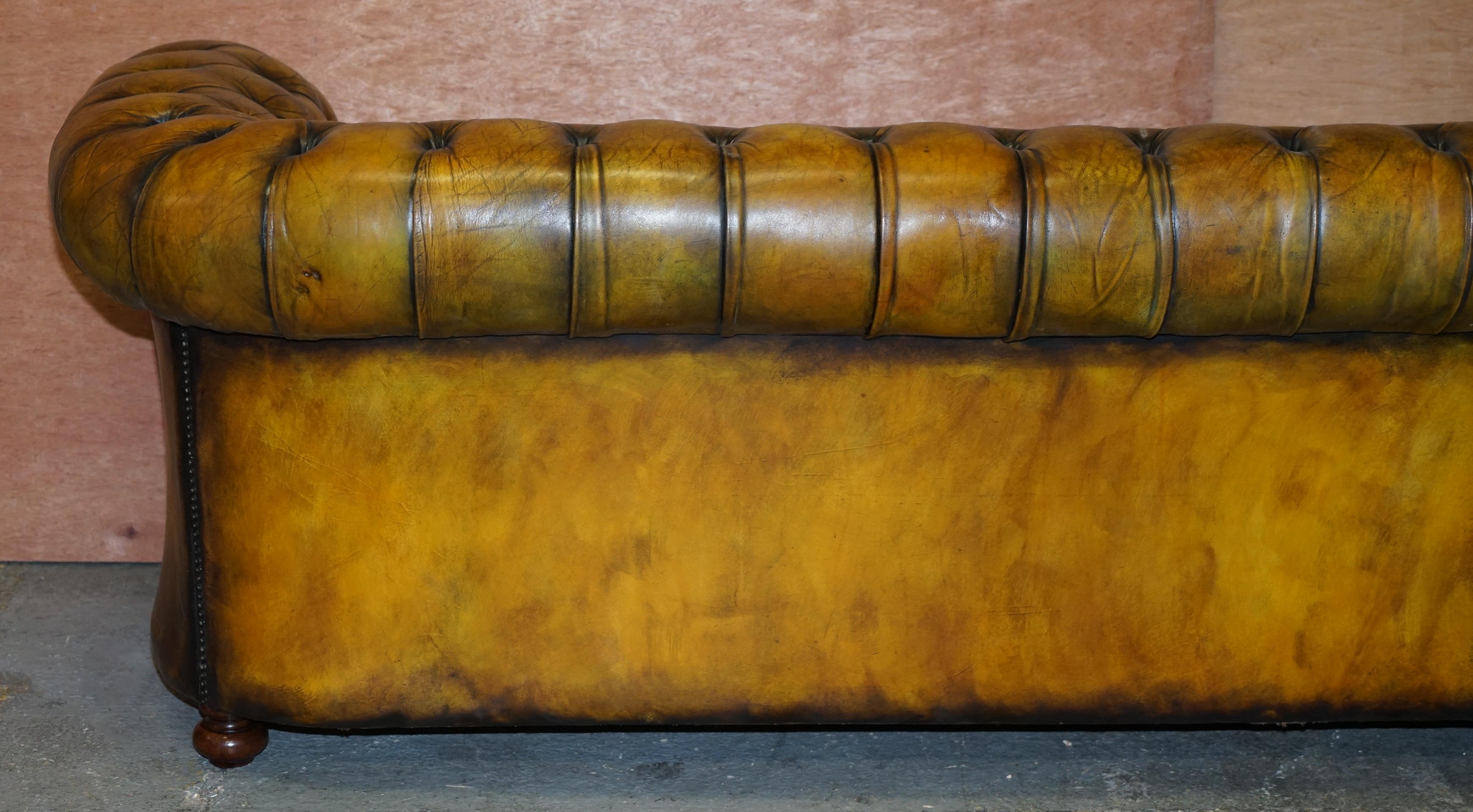 1920's Art Deco Hand Dyed Restored Whisky Brown Leather Chesterfield Tufted Sofa 9