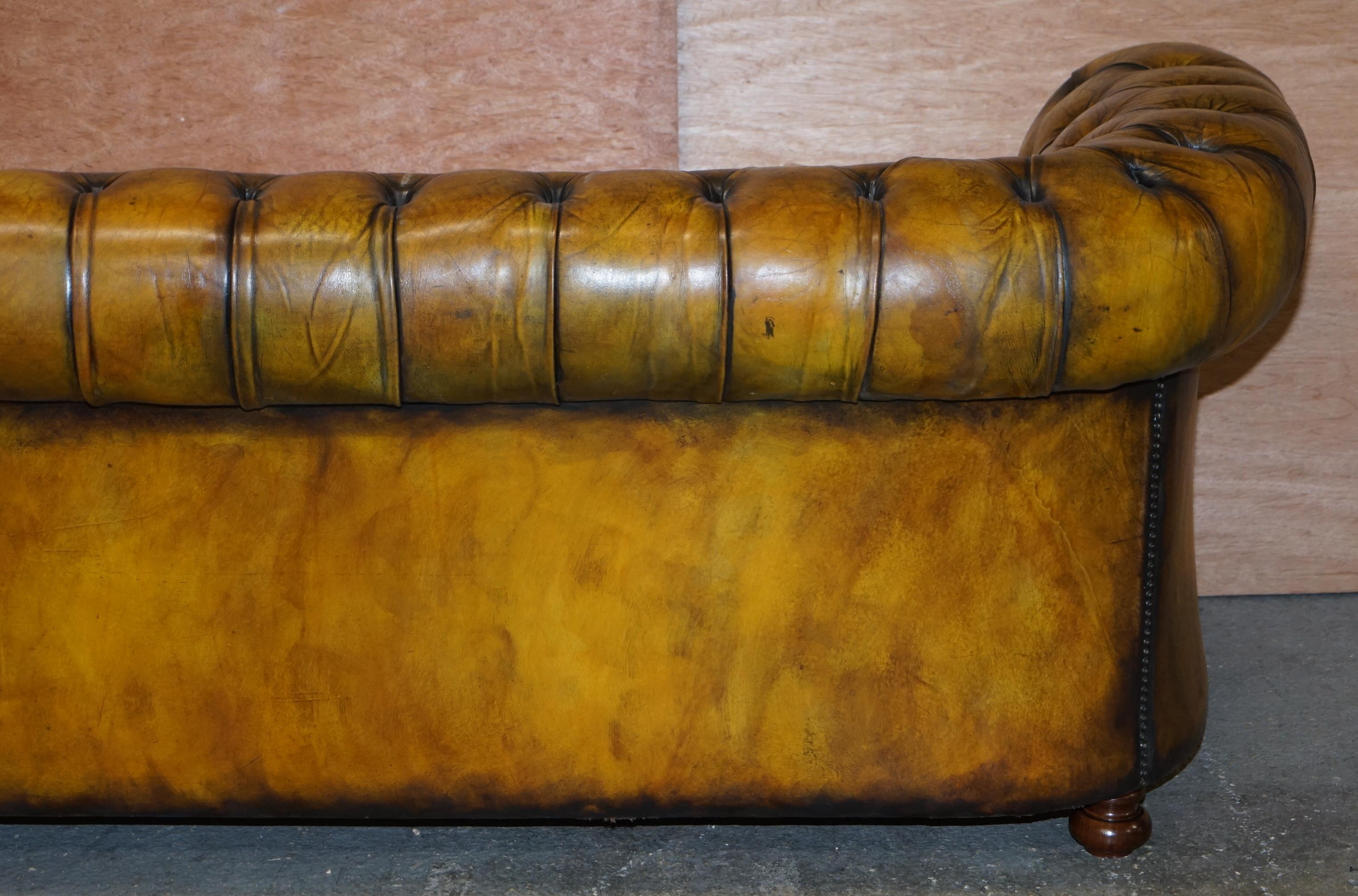 1920's Art Deco Hand Dyed Restored Whisky Brown Leather Chesterfield Tufted Sofa 10