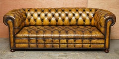 1920's Art Deco Hand Dyed Restored Whisky Brown Leather Chesterfield Tufted Sofa