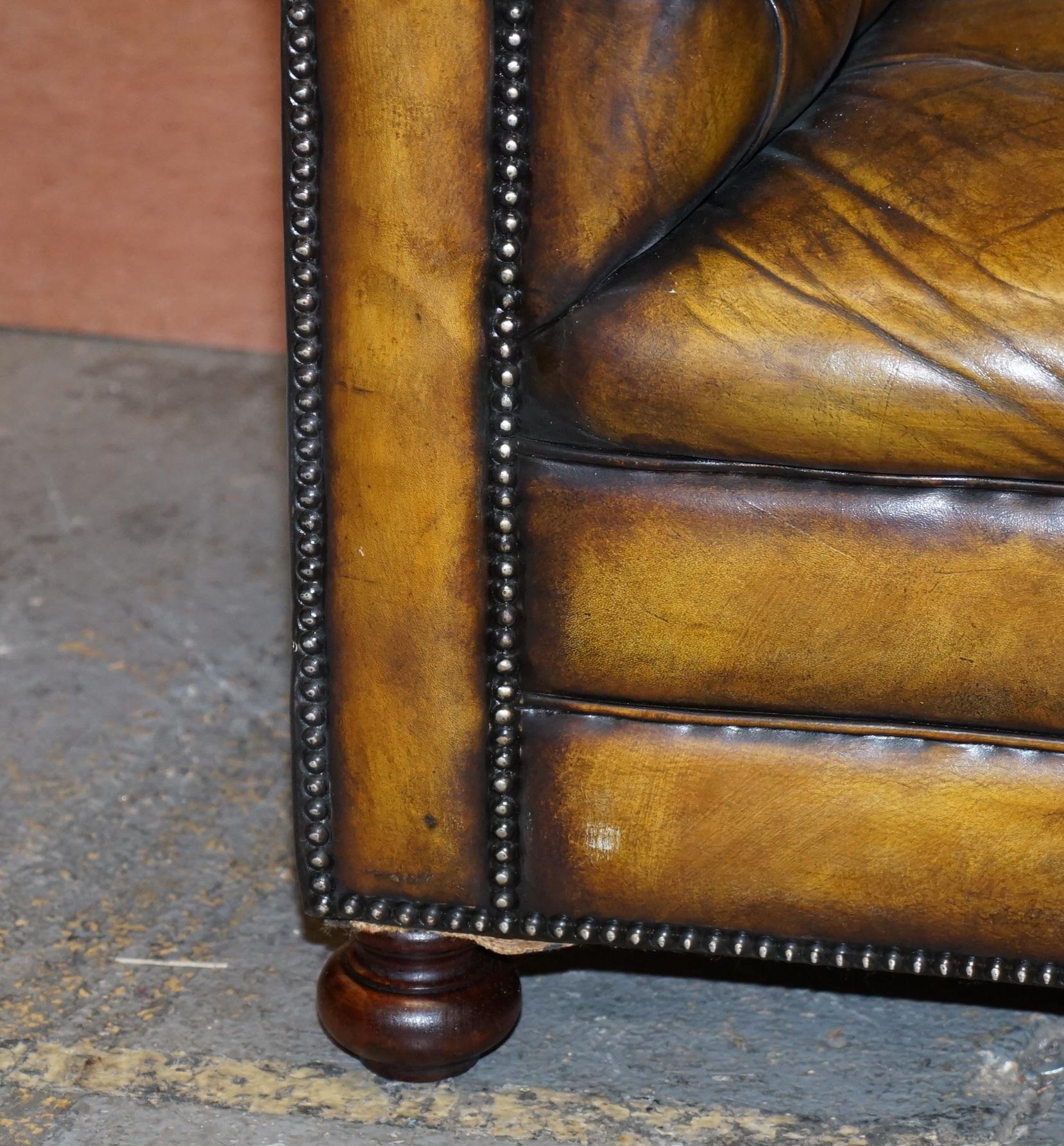 Hand-Crafted 1920's Art Deco Hand Dyed Restored Whisky Brown Leather Chesterfield Tufted Sofa