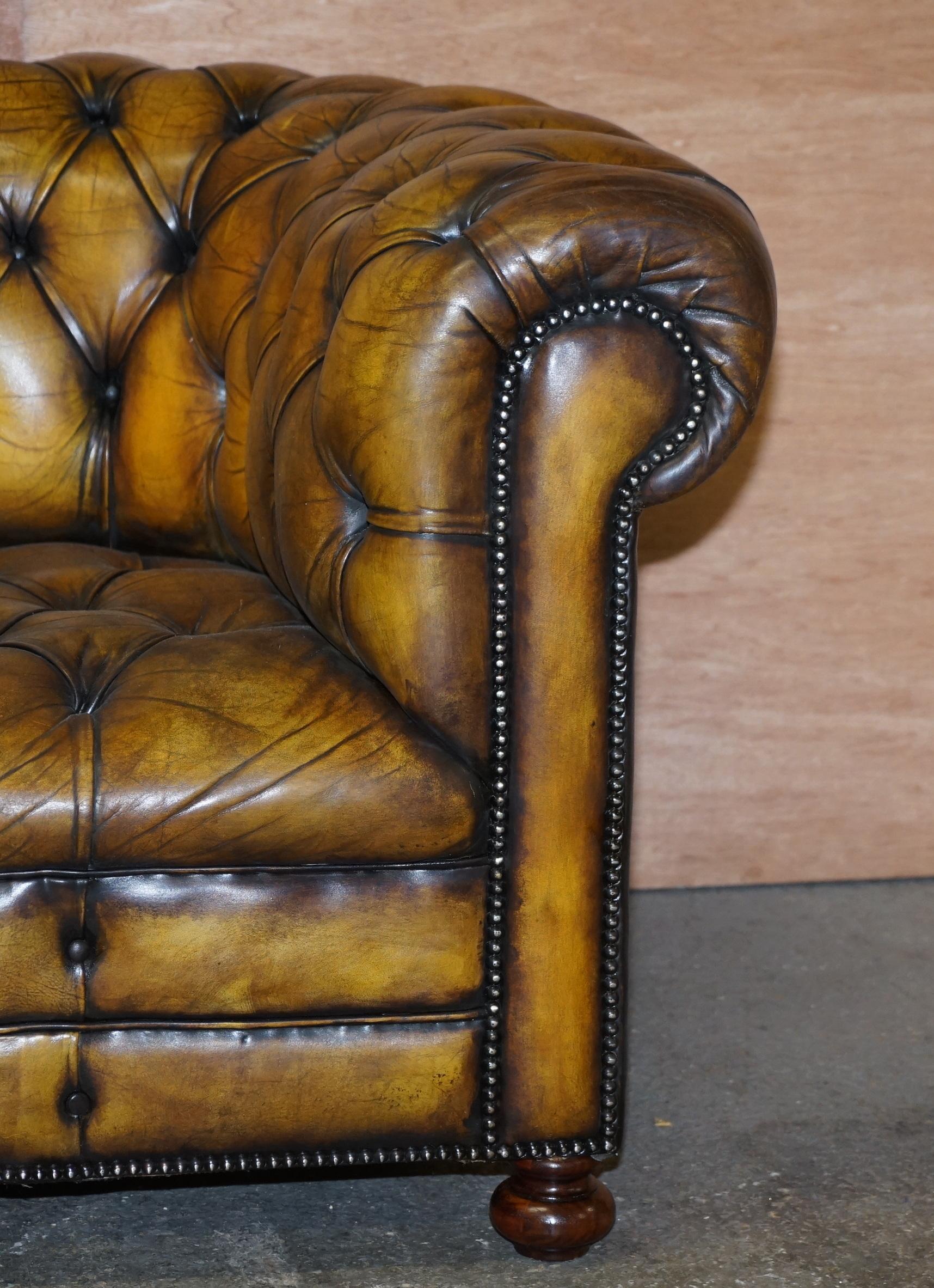 Early 20th Century 1920's Art Deco Hand Dyed Restored Whisky Brown Leather Chesterfield Tufted Sofa