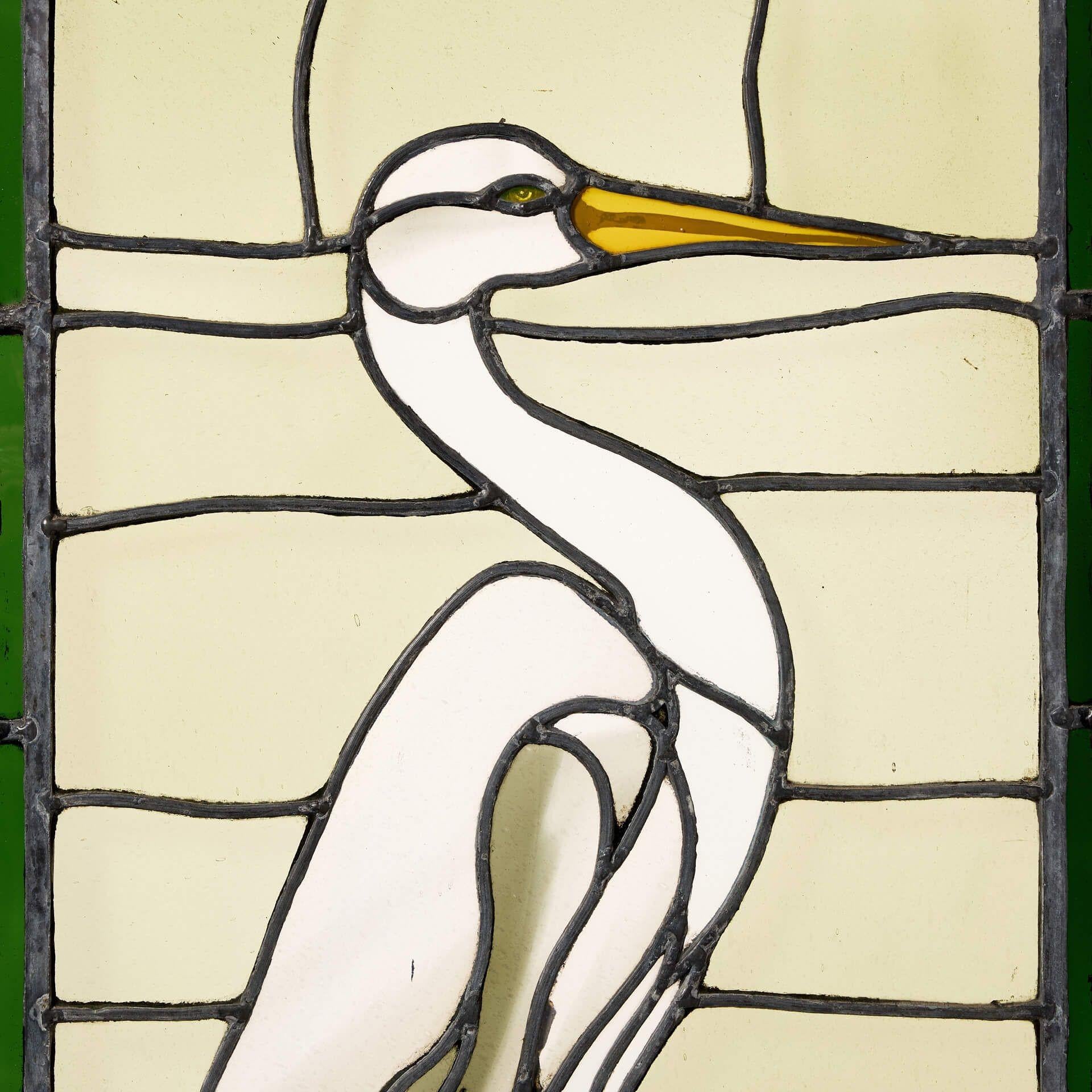English 1920s Art Deco Heron Stained Glass Window