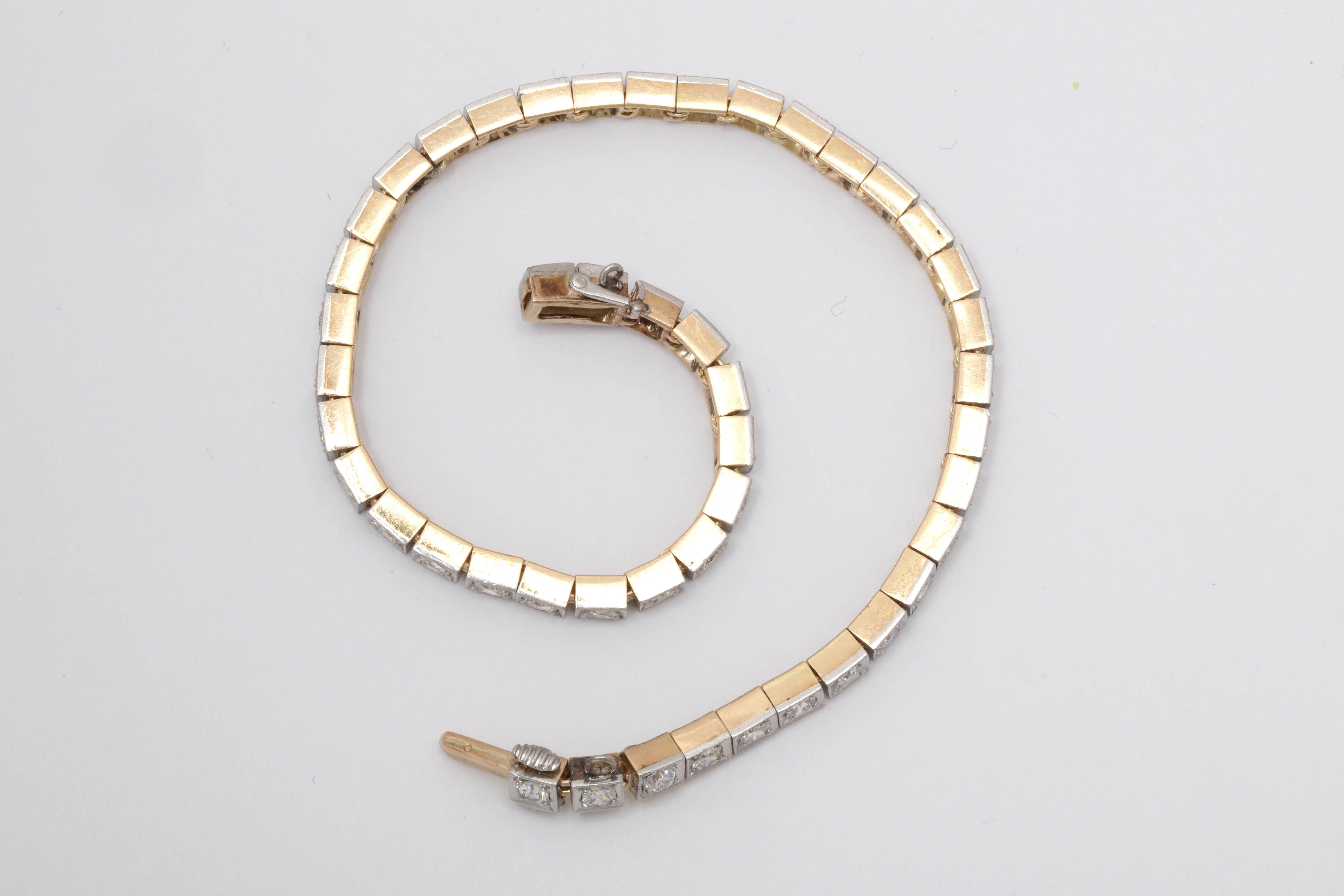 1920s Art Deco Highly Flexible Diamond Gold and Platinum Straightline Bracelet 1
