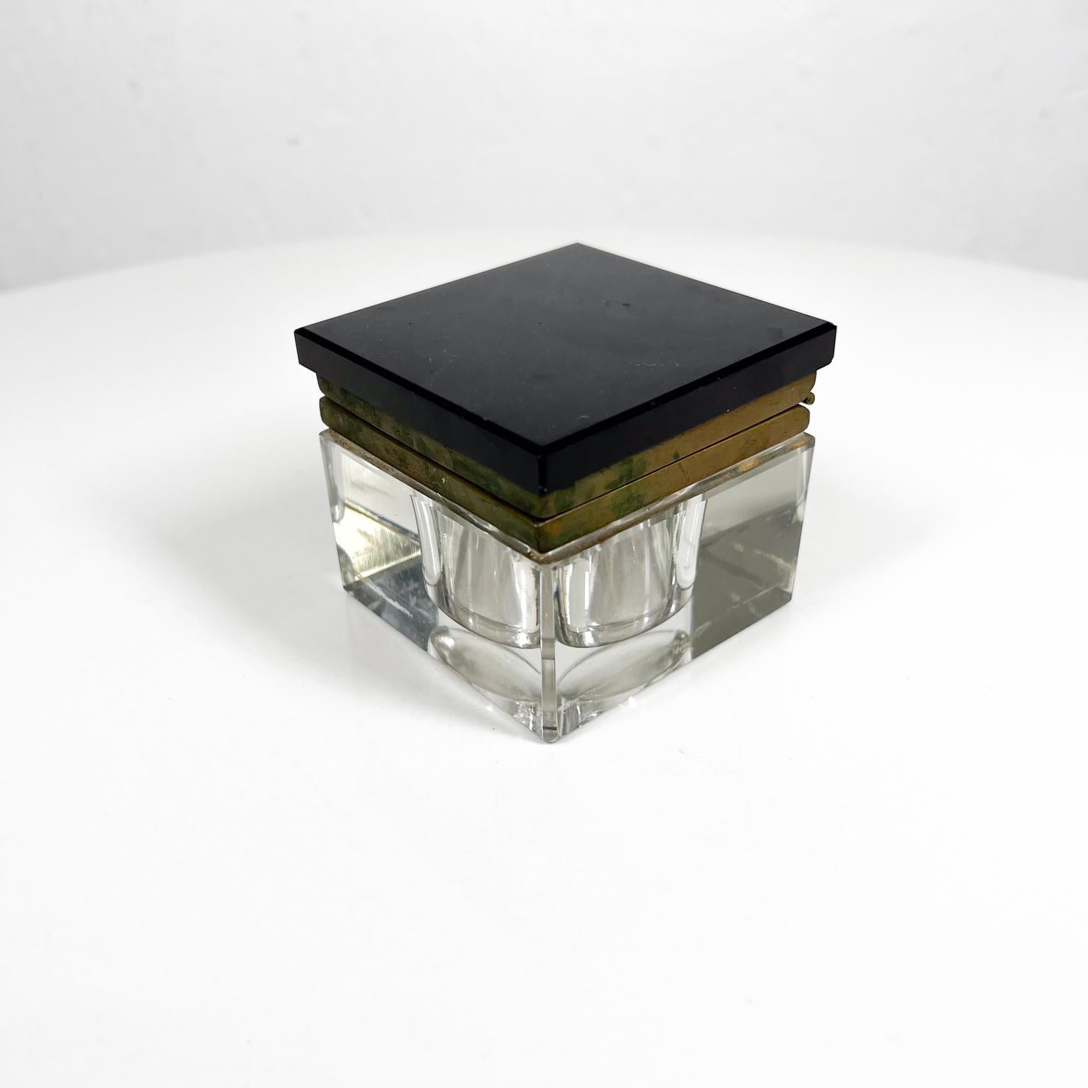 20th Century 1920s Art Deco Inkwell Modern Beveled Solid Glass and Brass For Sale