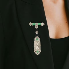 1920s Art Deco Jade and Diamond Brooch Platinum Fob Watch