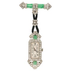 1920s Art Deco Jade and Diamond Brooch Platinum Fob Watch