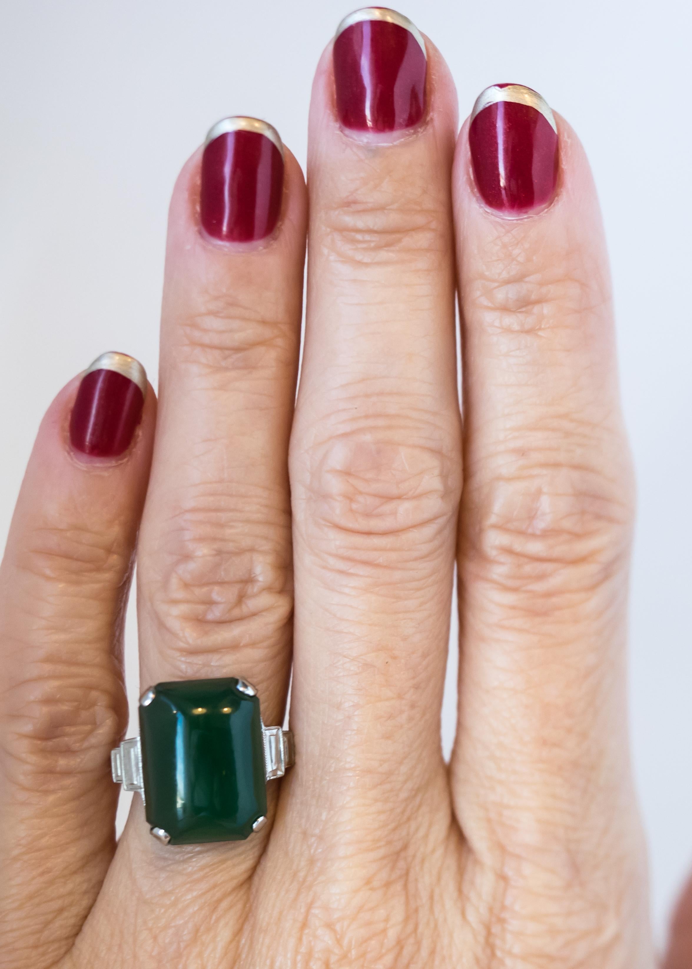1920s Art Deco Jade, Diamond and 14 Karat White Gold Ring 6