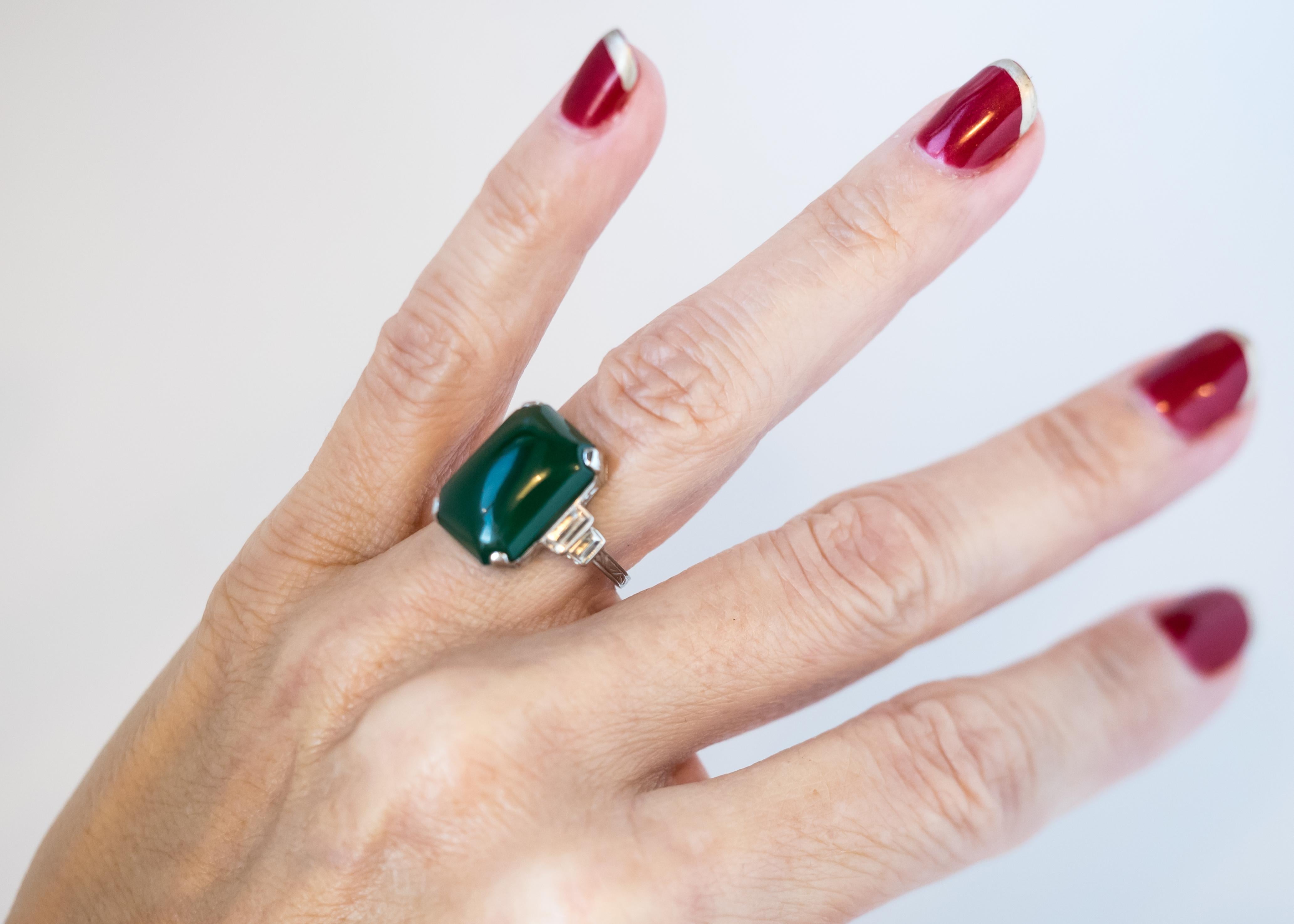 1920s Art Deco Jade, Diamond and 14 Karat White Gold Ring 7