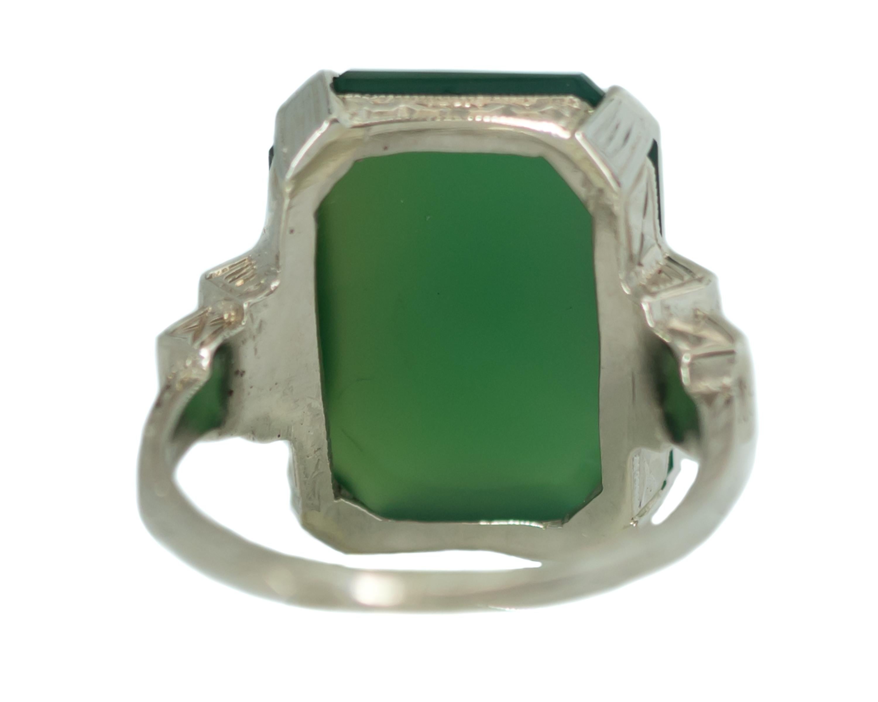 Emerald Cut 1920s Art Deco Jade, Diamond and 14 Karat White Gold Ring