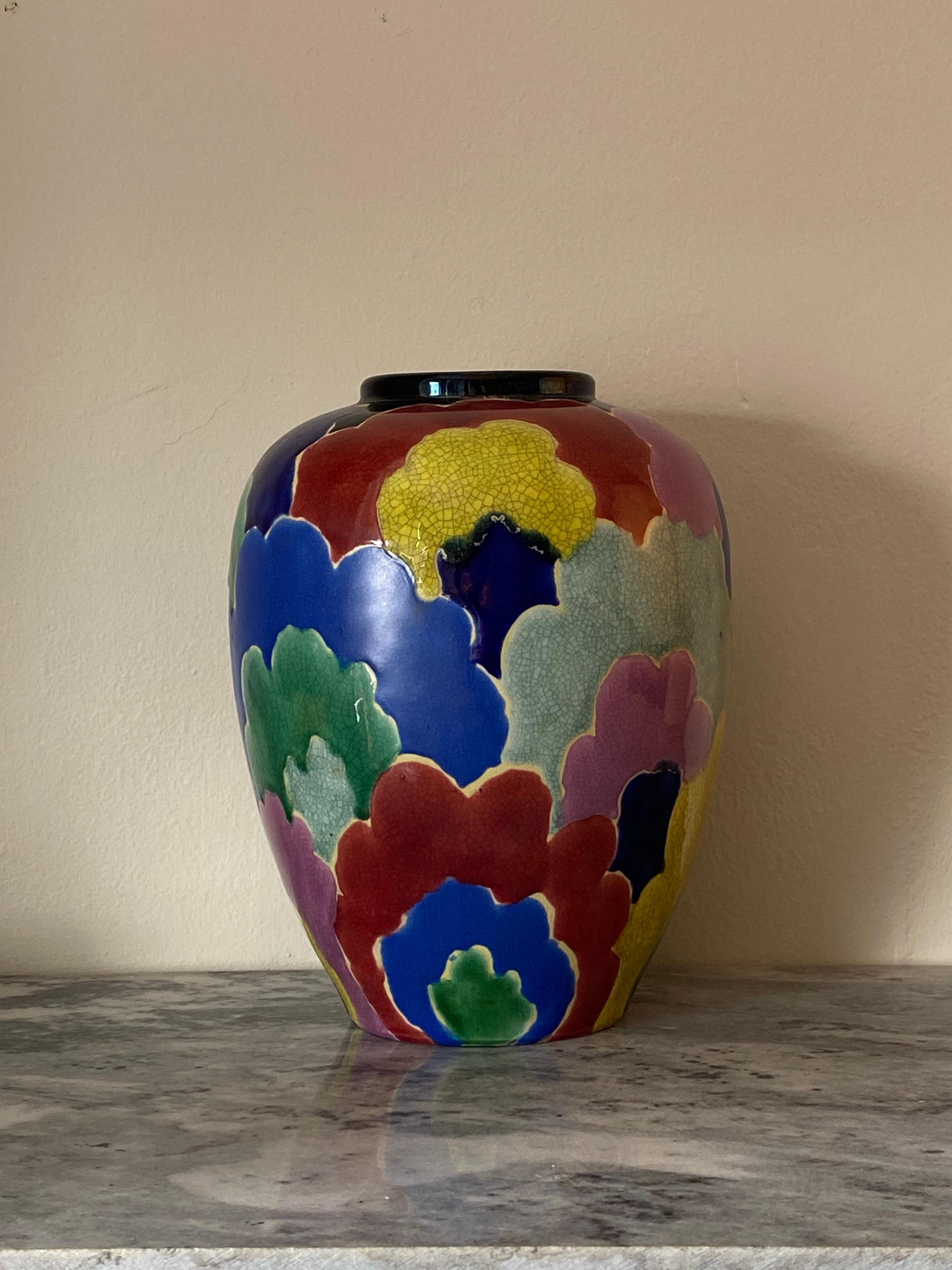 Fired 1920s Art Deco Japanese Awaji Multicolor Rainbow Cloud Vase from the Sanpei Kiln For Sale
