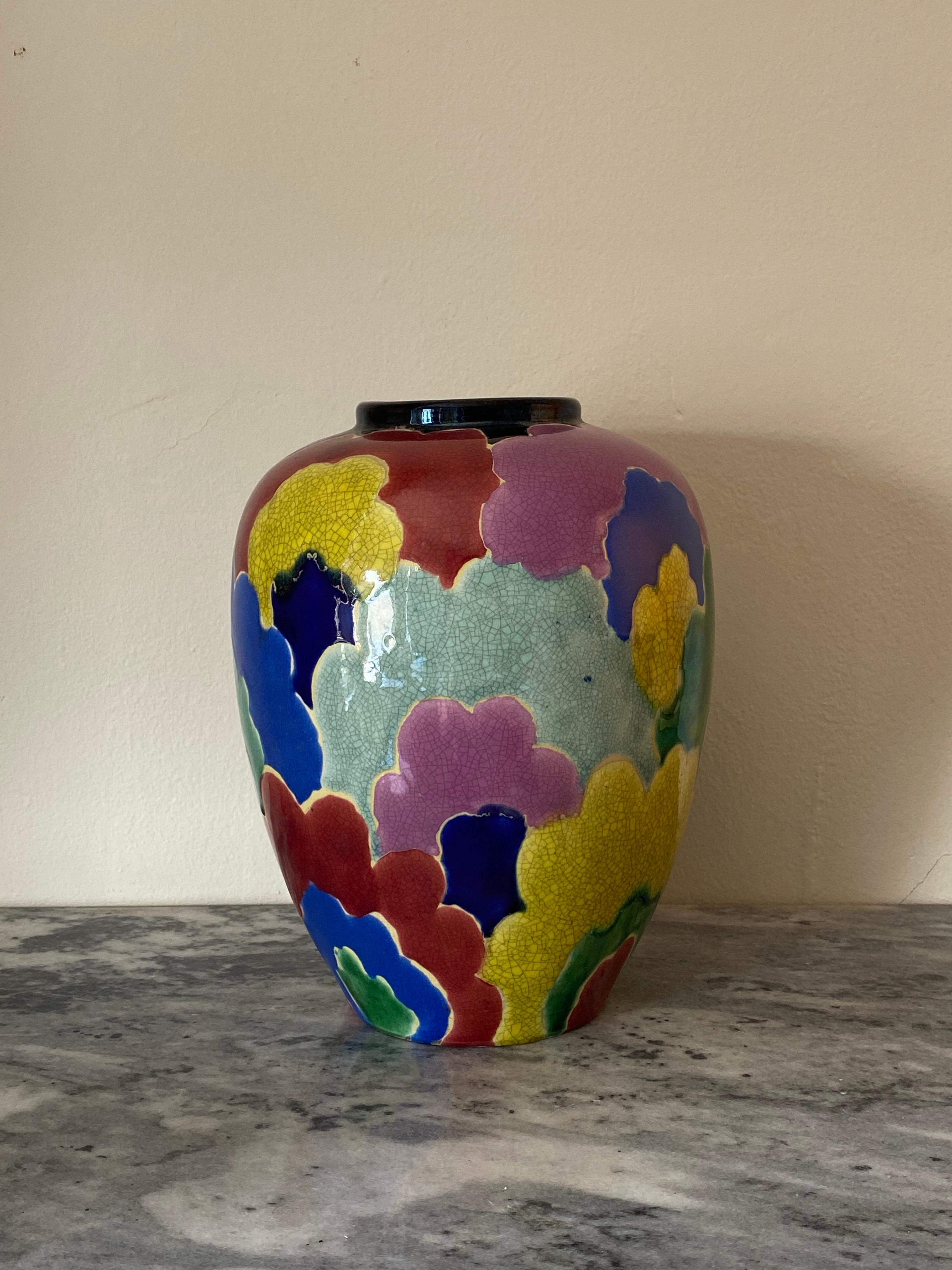 1920s Art Deco Japanese Awaji Multicolor Rainbow Cloud Vase from the Sanpei Kiln In Good Condition For Sale In Southampton, NJ