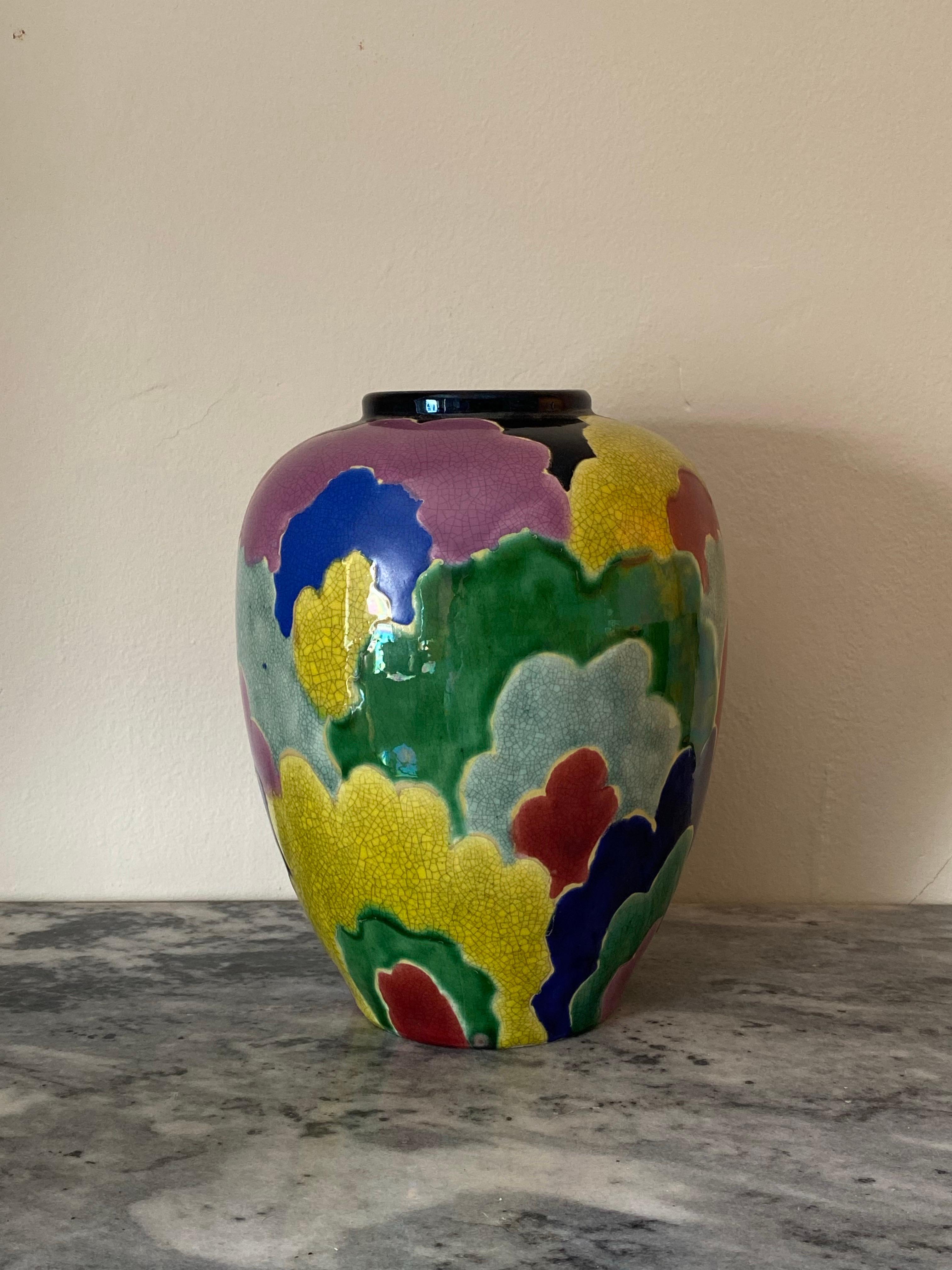 Ceramic 1920s Art Deco Japanese Awaji Multicolor Rainbow Cloud Vase from the Sanpei Kiln For Sale