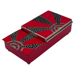 1920s Art Deco Jazz Age Red Black Chrome Smoking Caddy Cigarette Box & Ashtray
