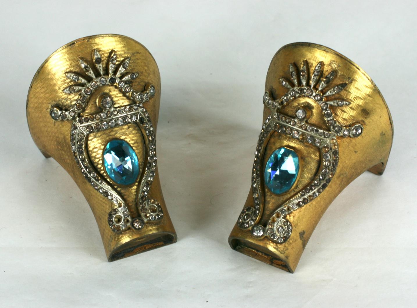 1920's Art Deco Jeweled heels made by Artalon Co. of incised brass with pave applications on each heel, each also having a large oval Czech foiled aquamarine crystal.  1920's. 
2.5