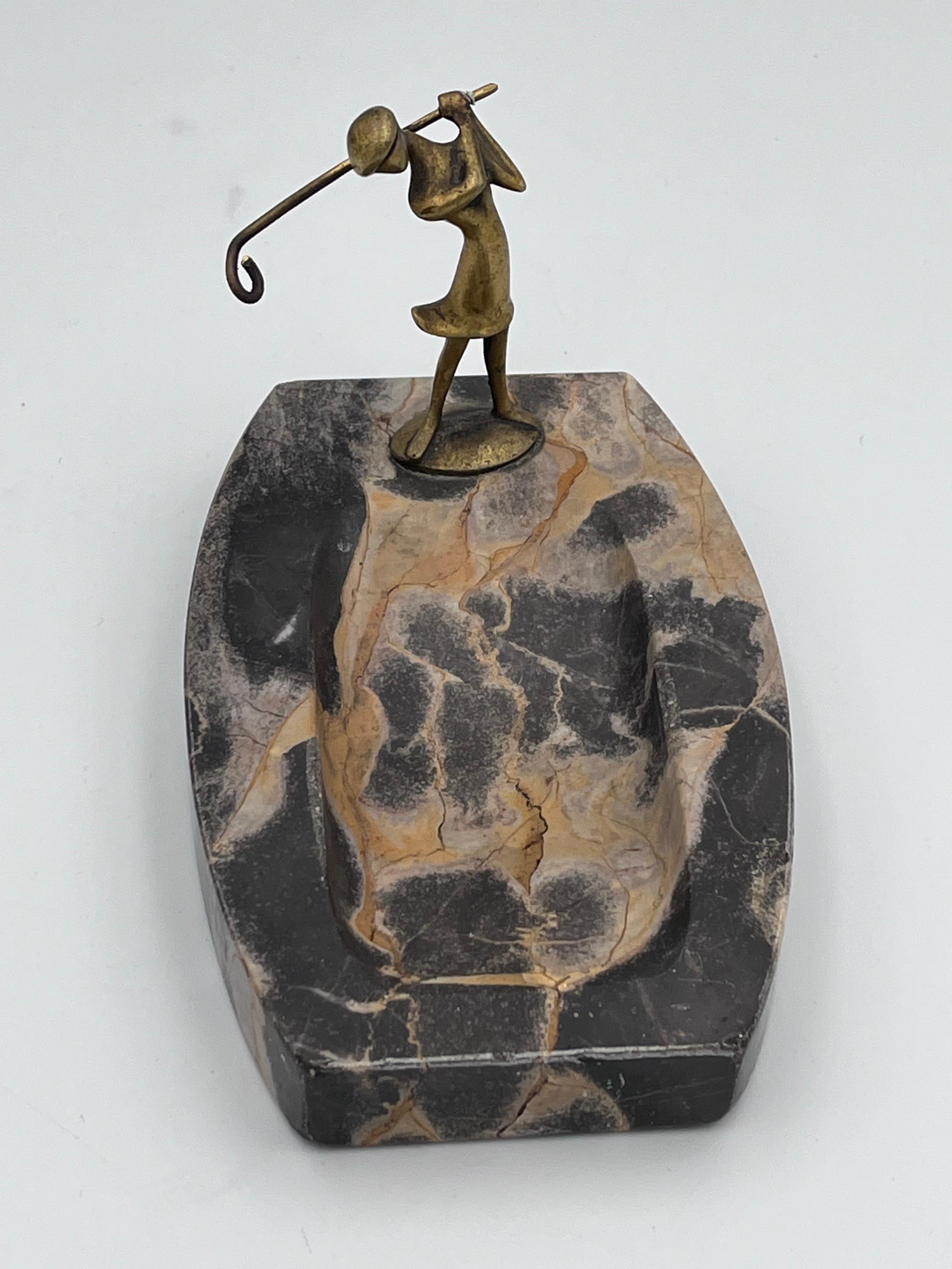 1920's Art Deco Karl Hagenauer Lady Golfer Bronze & Marble Vide Poche or Ashtray For Sale 5